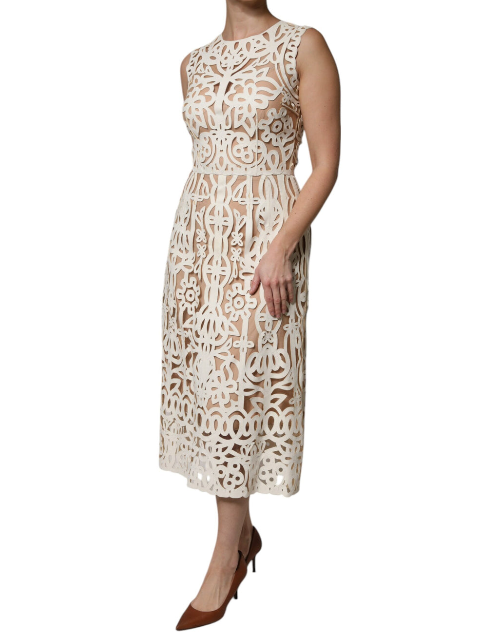 Robe mi-longue sans manches en cuir blanc découpé Dolce &amp; Gabbana