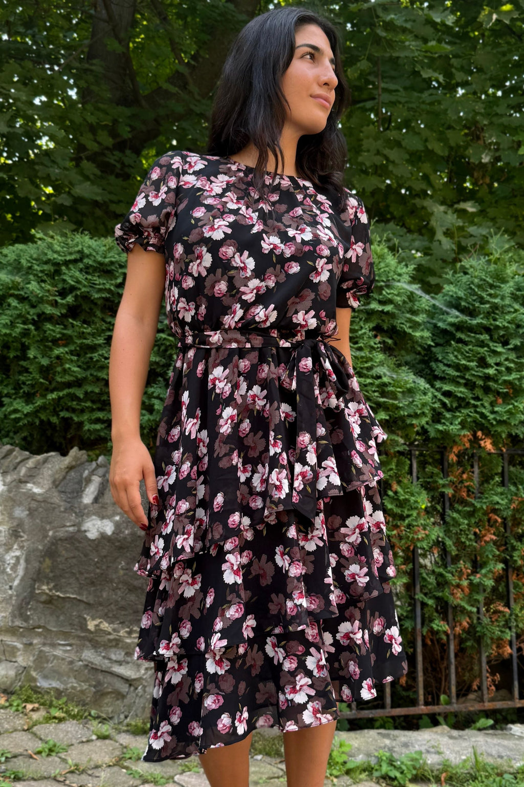 Catalina Women's Black Floral Print Asymmetrical Layered Hemline Detail