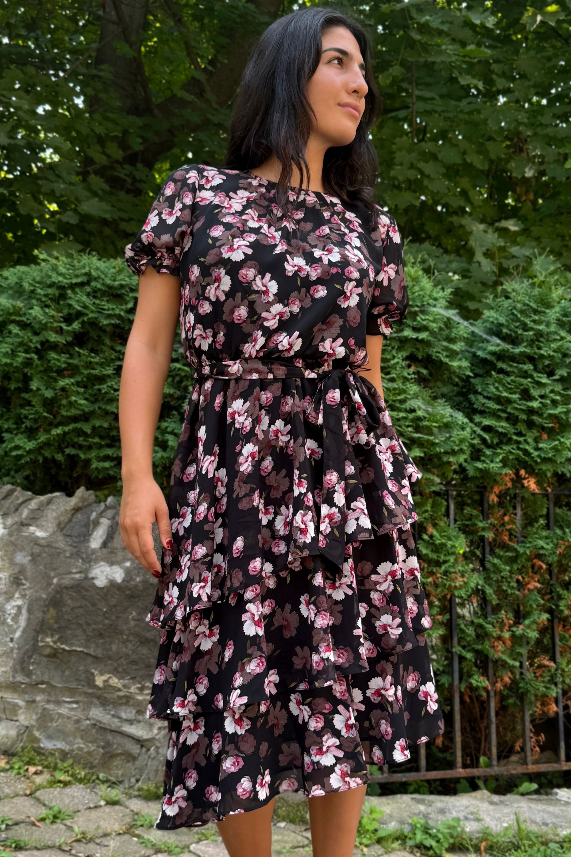 Catalina Women's Black Floral Print Asymmetrical Layered Hemline Detail