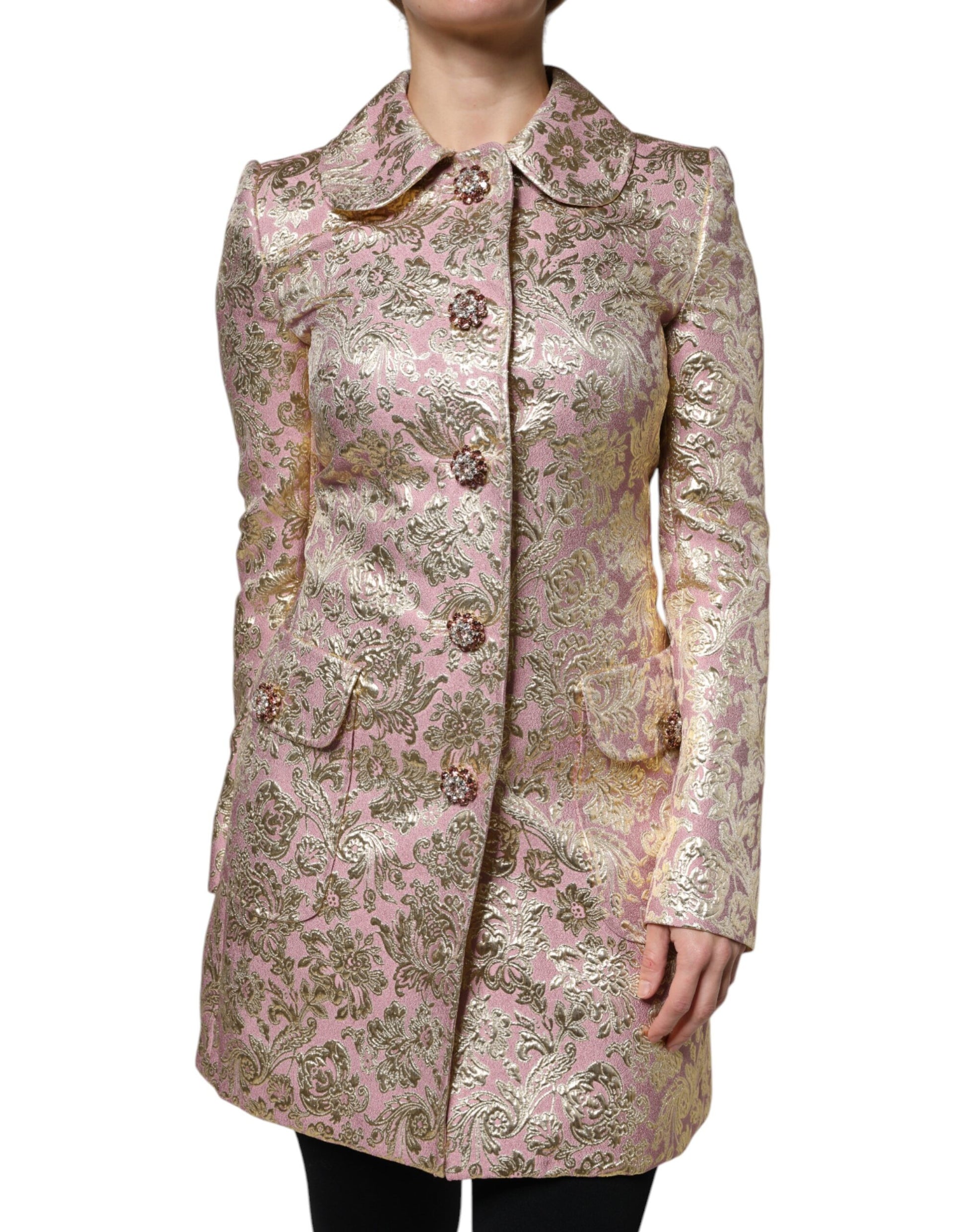Dolce &amp; Gabbana Veste manteau en jacquard métallisé or rose à boutons bijoux