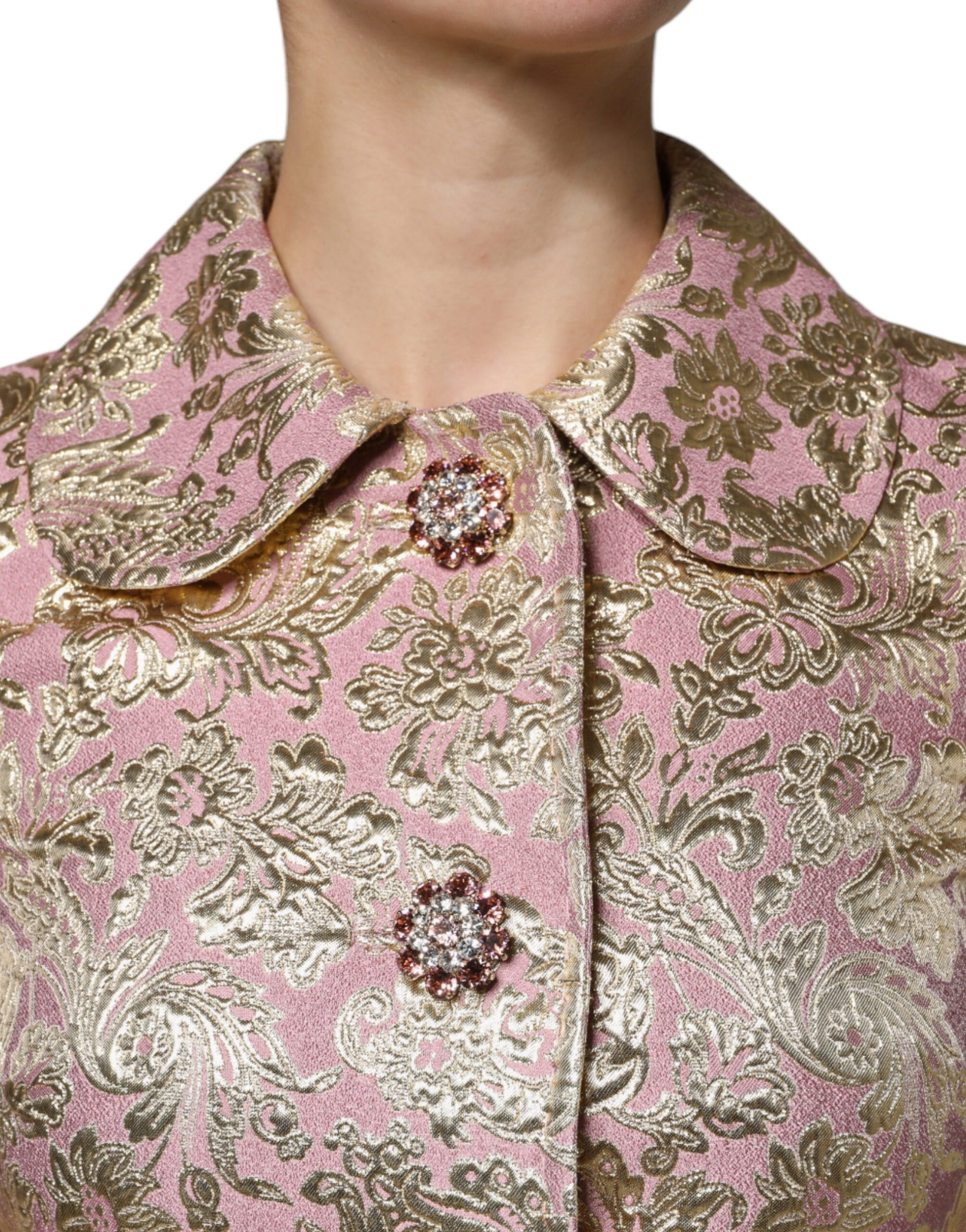 Dolce &amp; Gabbana Veste manteau en jacquard métallisé or rose à boutons bijoux