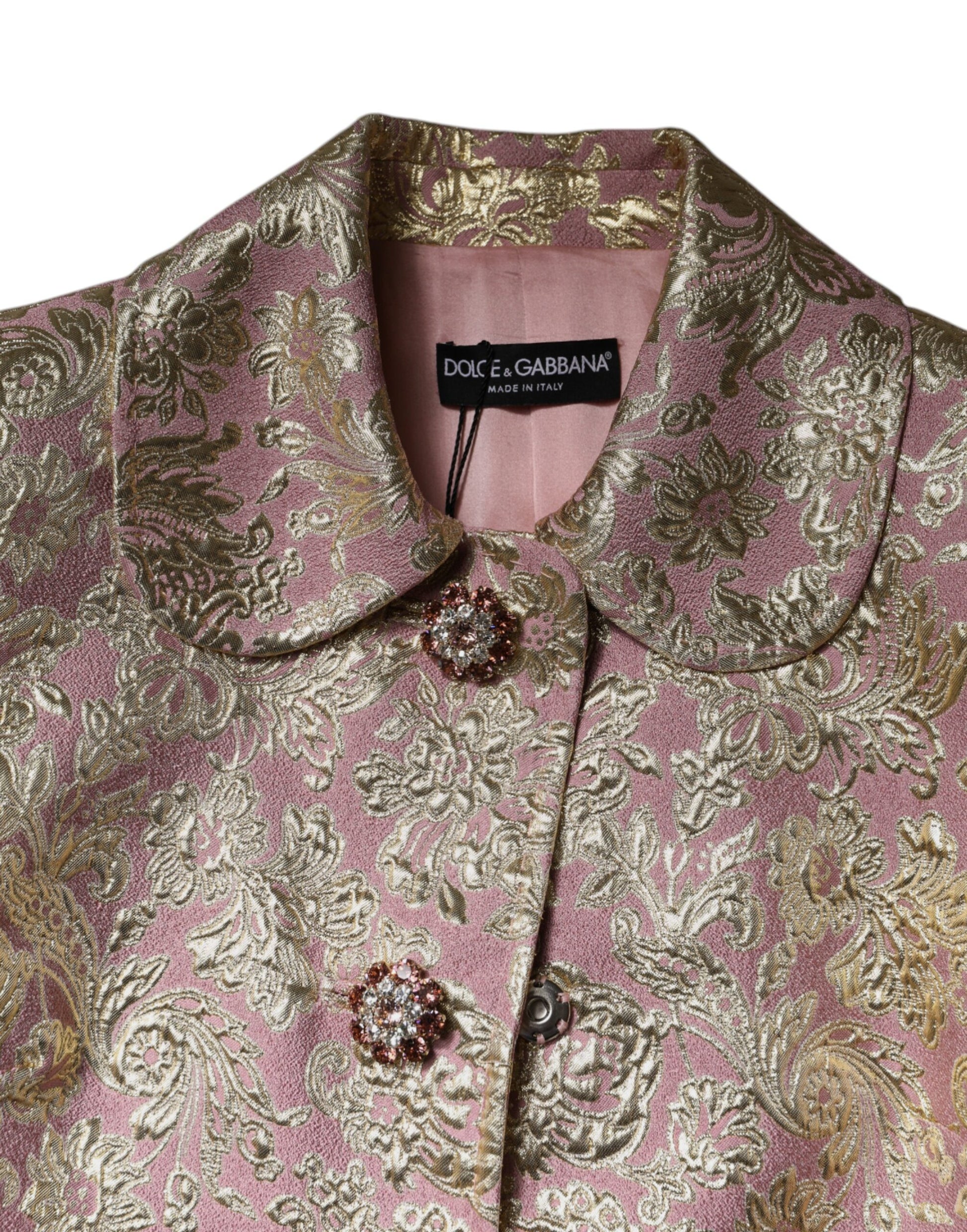 Dolce &amp; Gabbana Veste manteau en jacquard métallisé or rose à boutons bijoux