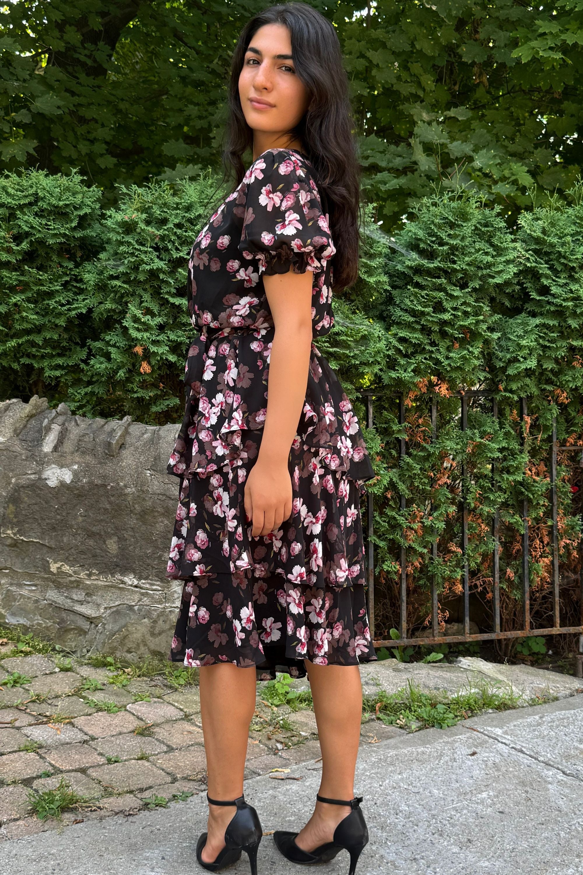 Catalina Women's Black Floral Print Asymmetrical Layered Hemline Detail