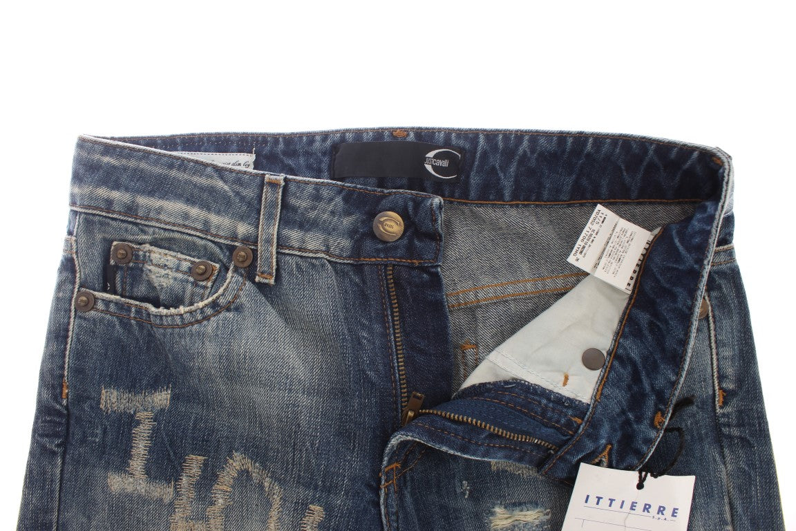 Jean Cavalli coupe droite en coton déchiré bleu délavé