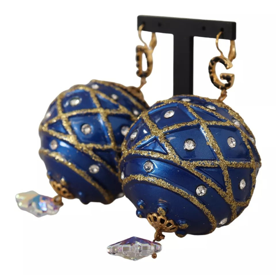 Boucles d'oreilles crochet Dolce &amp; Gabbana en laiton doré et cristal bleu boule de Noël
