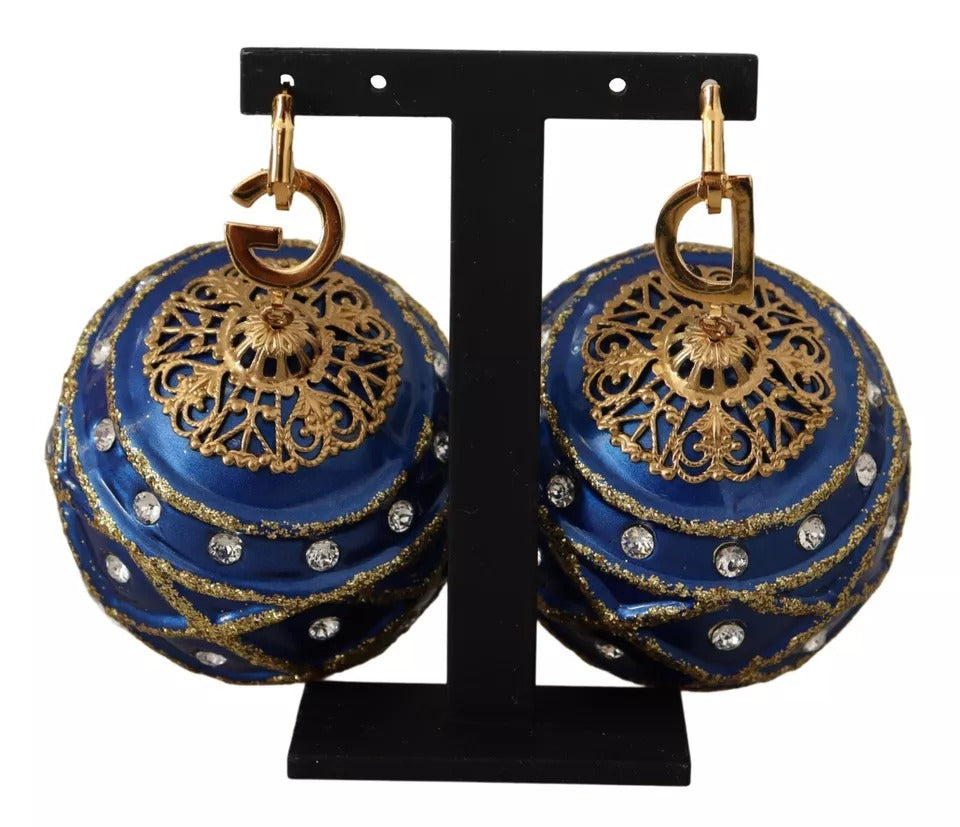 Boucles d'oreilles crochet Dolce &amp; Gabbana en laiton doré et cristal bleu boule de Noël