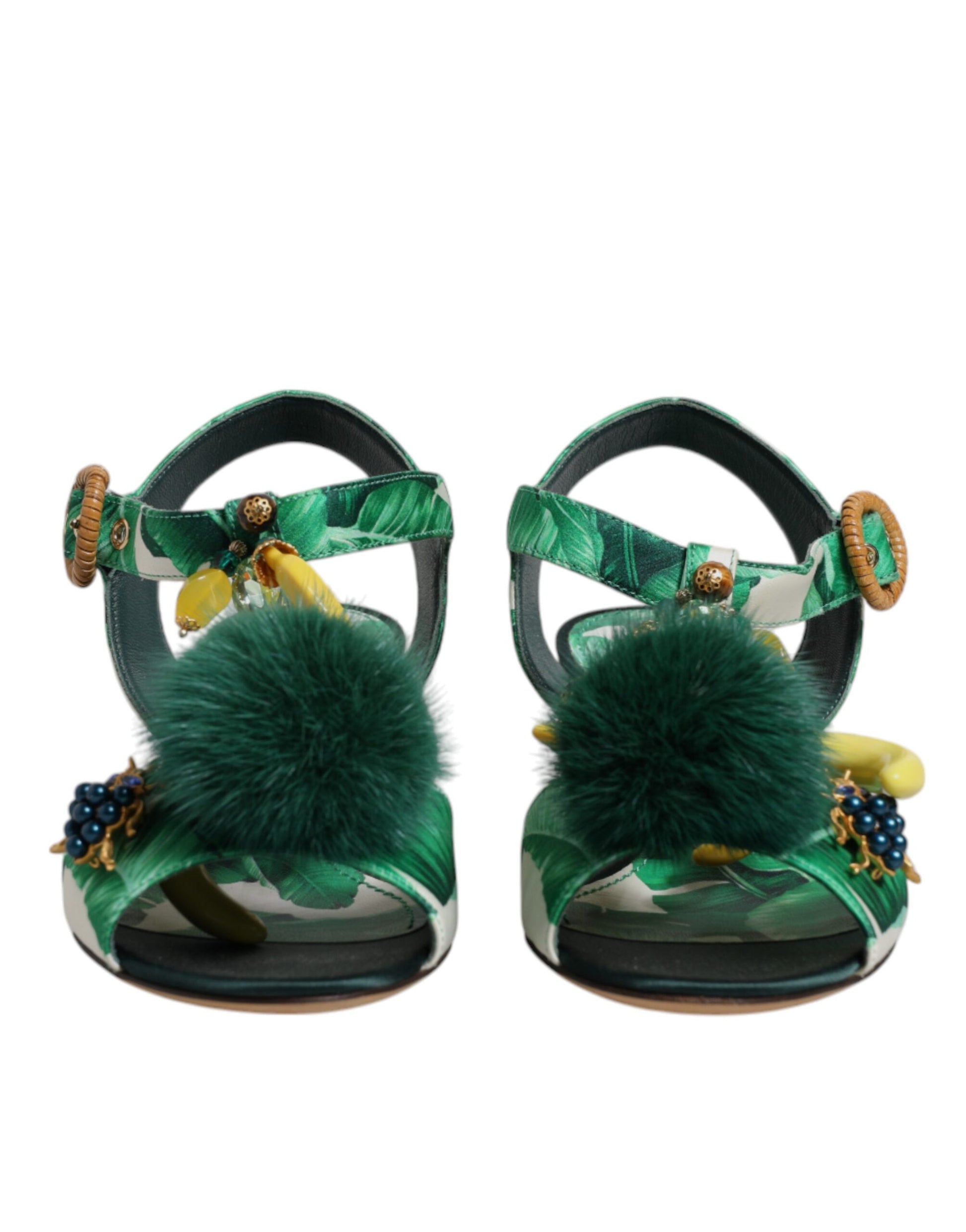 Sandales Dolce &amp; Gabbana ornées de fourrure et de cristaux verts
