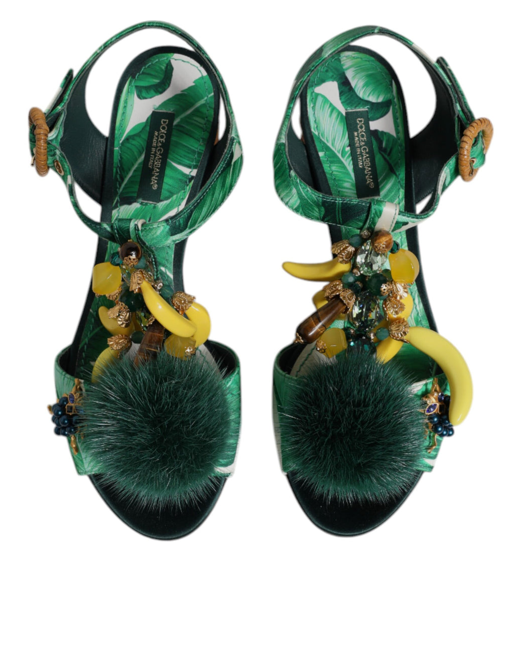 Sandales Dolce &amp; Gabbana ornées de fourrure et de cristaux verts