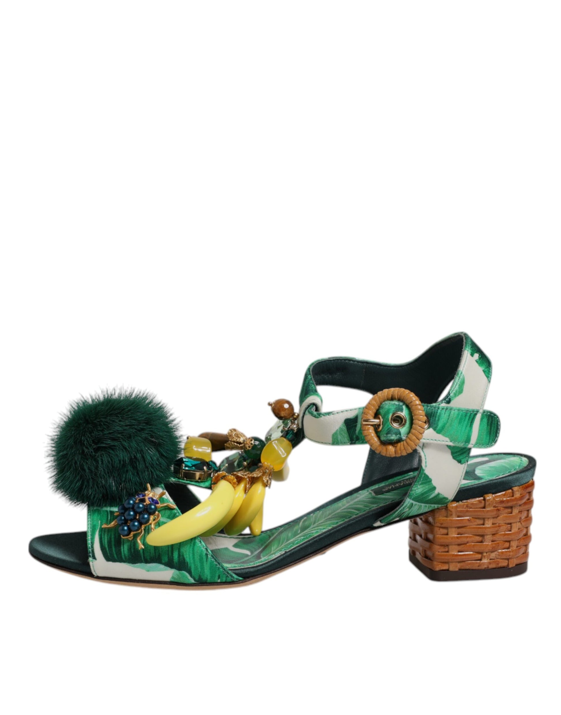 Sandales Dolce &amp; Gabbana ornées de fourrure et de cristaux verts