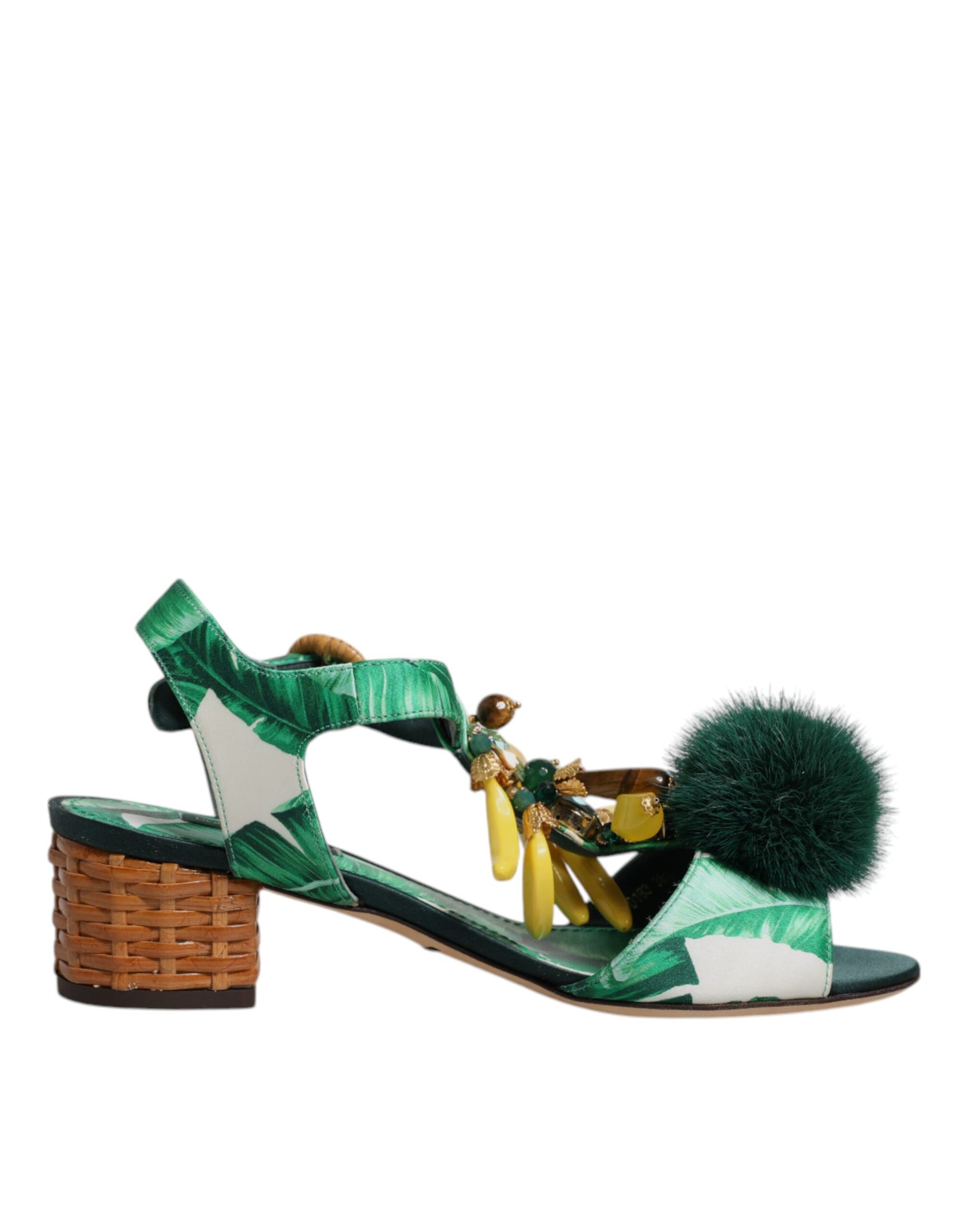 Sandales Dolce &amp; Gabbana ornées de fourrure et de cristaux verts