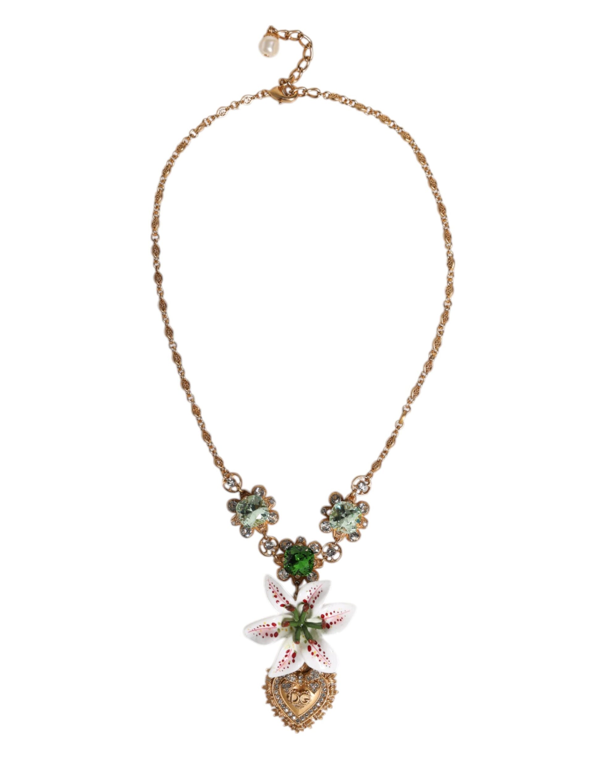 Collier Dolce &amp; Gabbana avec pendentif en laiton doré et cristal de lys, symbole du Sacré-Cœur