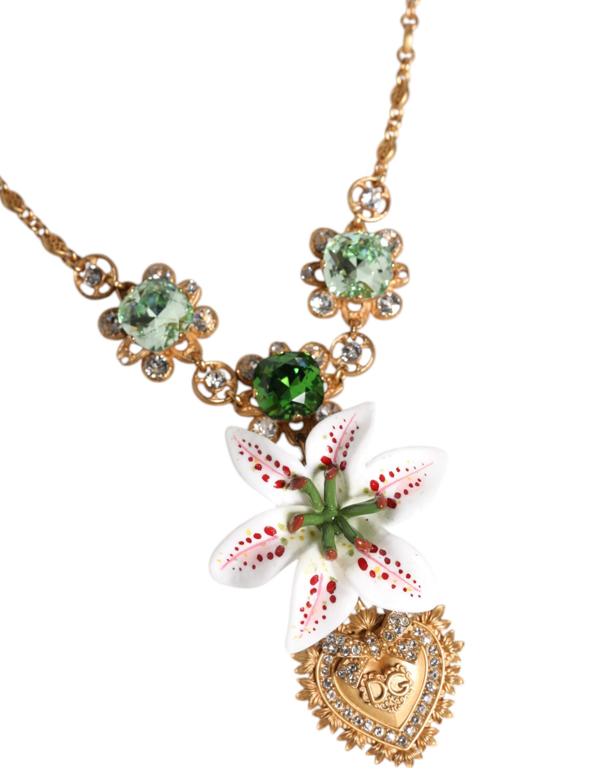 Collier Dolce &amp; Gabbana avec pendentif en laiton doré et cristal de lys, symbole du Sacré-Cœur