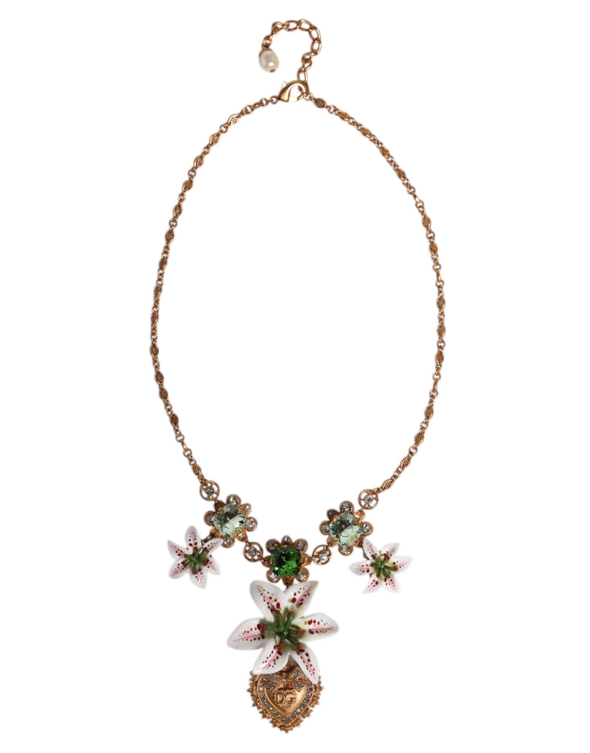 Collier Dolce &amp; Gabbana avec pendentif en laiton doré et cristal de lys, symbole du Sacré-Cœur