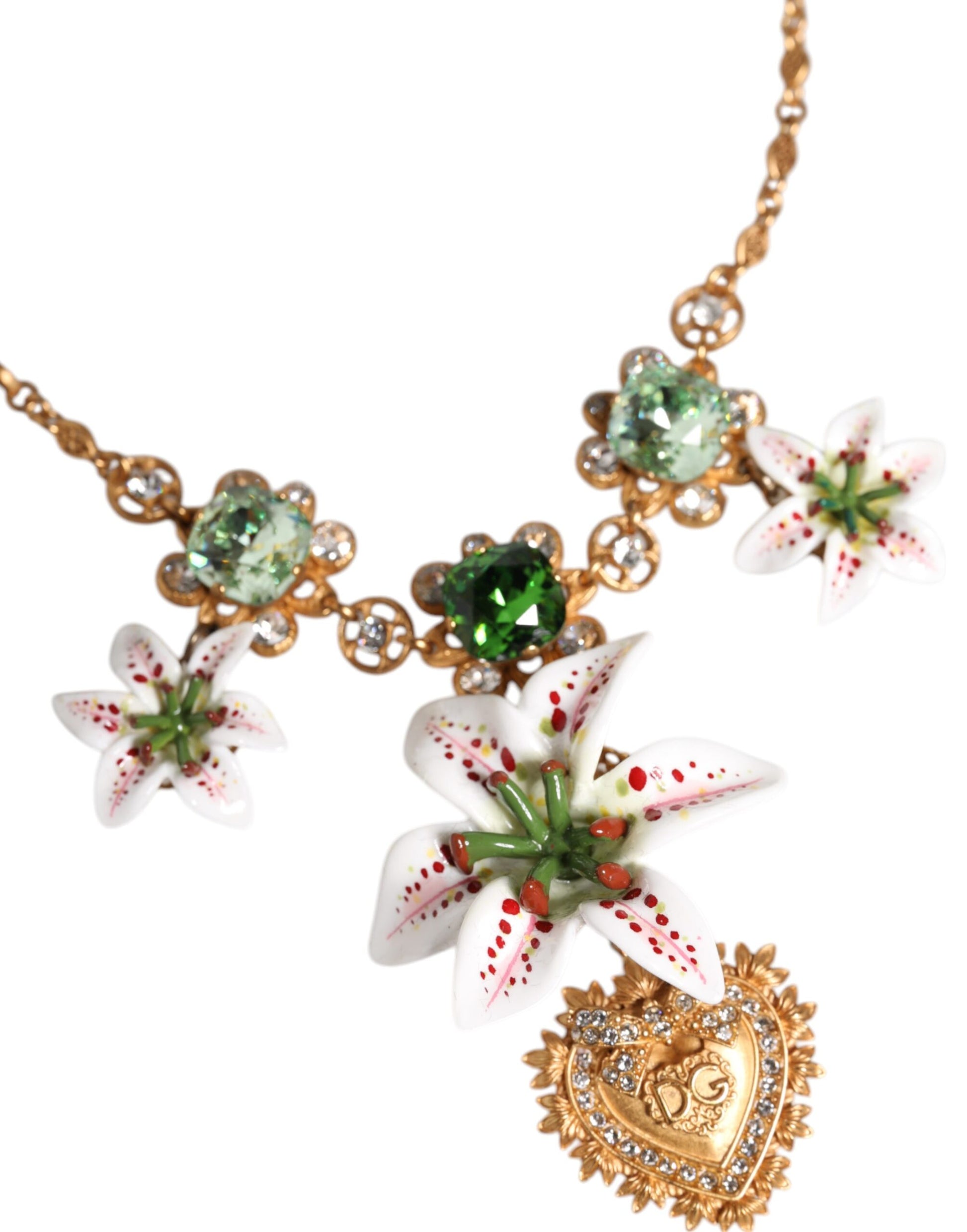Collier Dolce &amp; Gabbana avec pendentif en laiton doré et cristal de lys, symbole du Sacré-Cœur