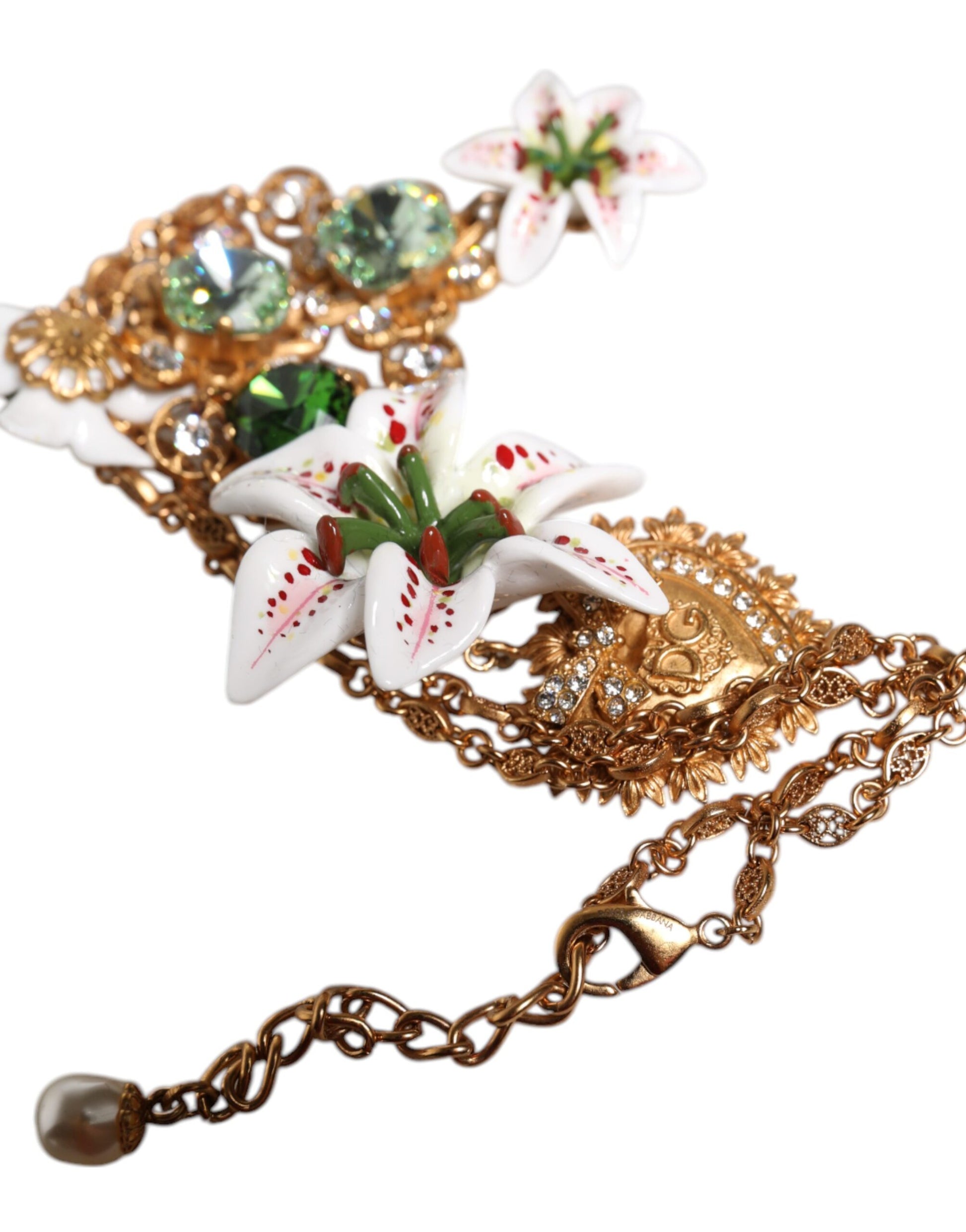 Collier Dolce &amp; Gabbana avec pendentif en laiton doré et cristal de lys, symbole du Sacré-Cœur