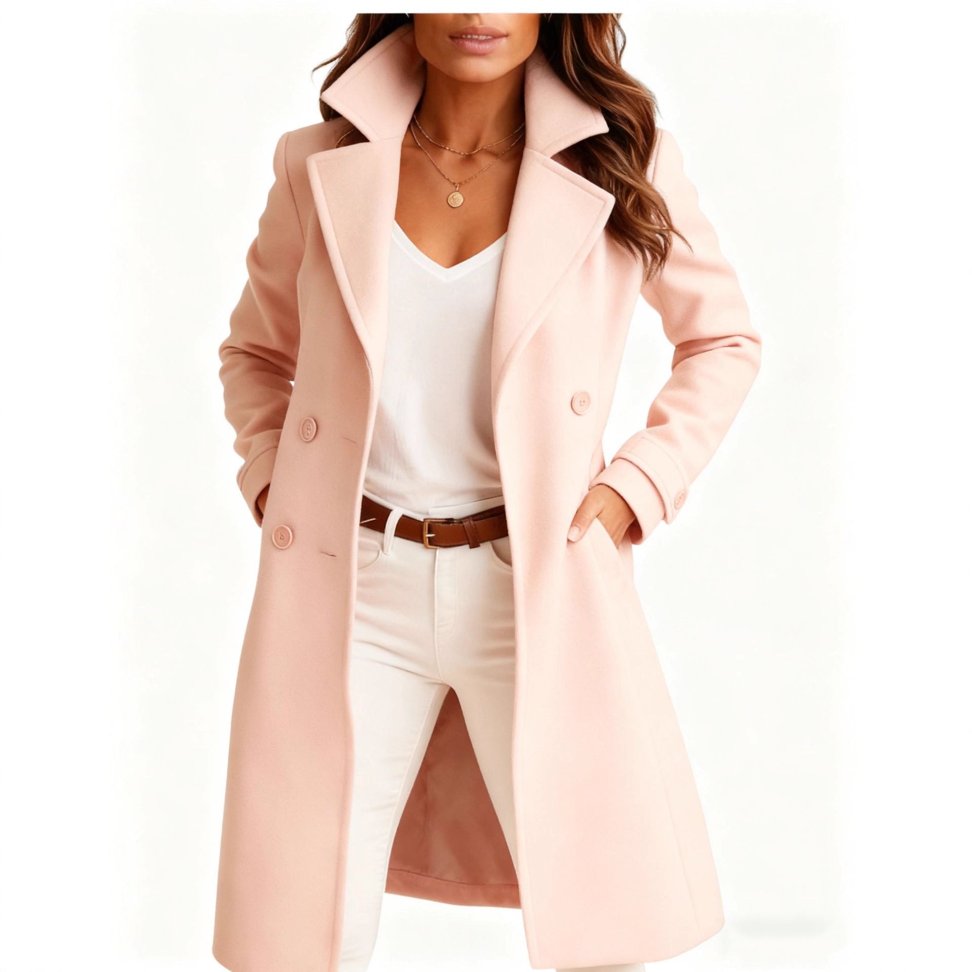 Single-breasted Mid-length Coat With Pockets Fashion Elegant Lapel Jacket Casual Long-sleeved Top Outwear Women's Clothing