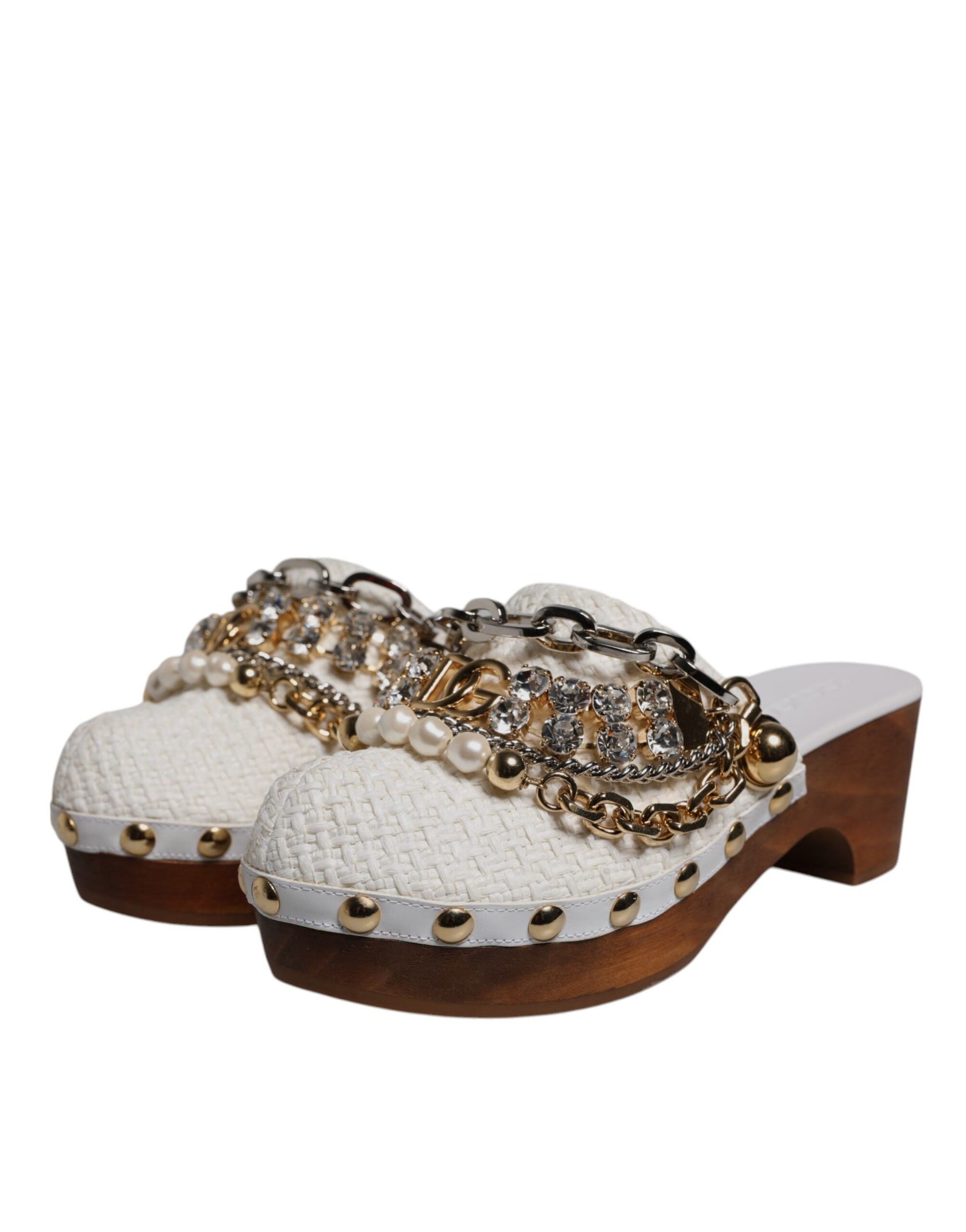 Dolce &amp; Gabbana Sabots en raphia blanc Sandales à chaîne ornées de bijoux Chaussures