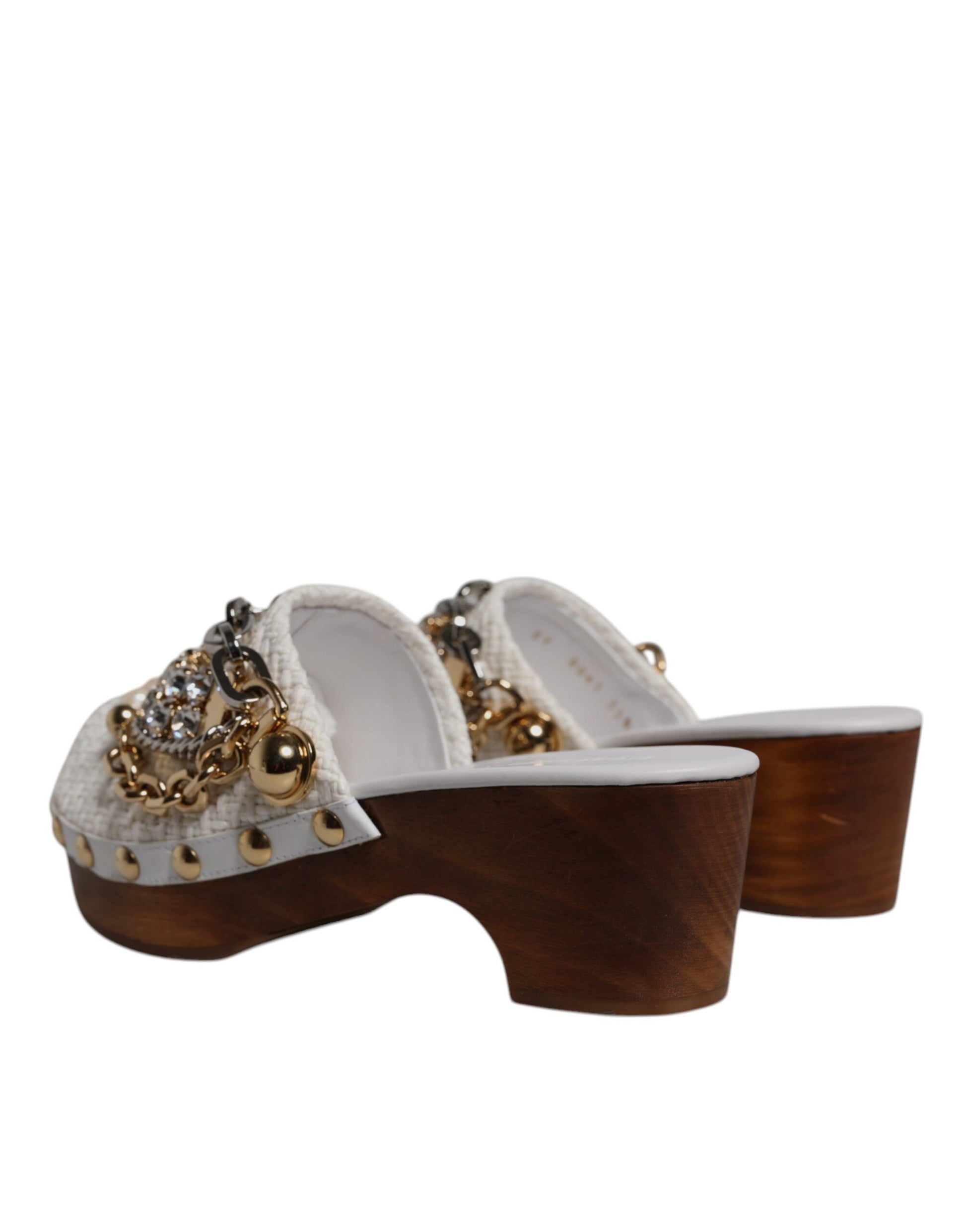 Dolce &amp; Gabbana Sabots en raphia blanc Sandales à chaîne ornées de bijoux Chaussures
