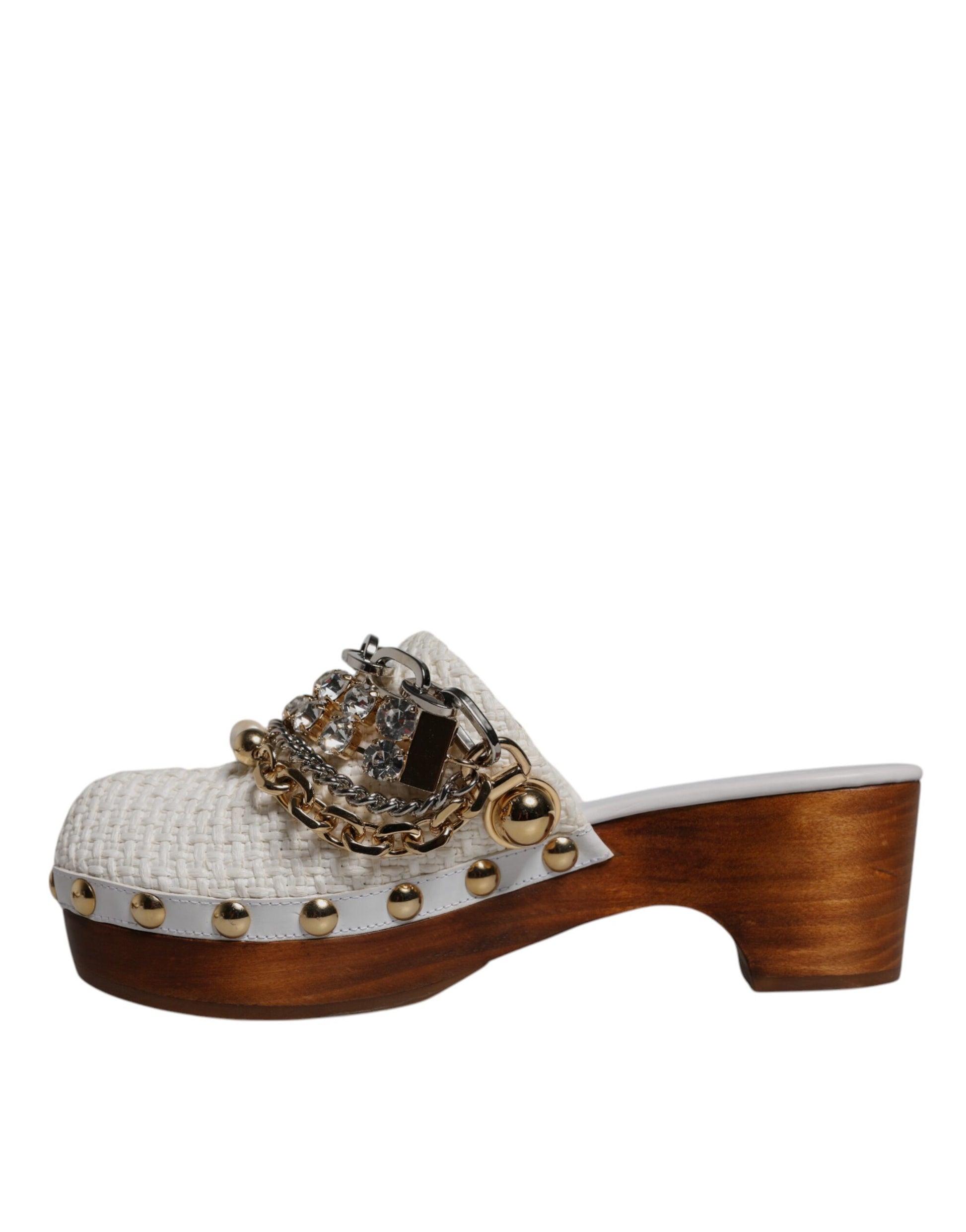 Dolce &amp; Gabbana Sabots en raphia blanc Sandales à chaîne ornées de bijoux Chaussures