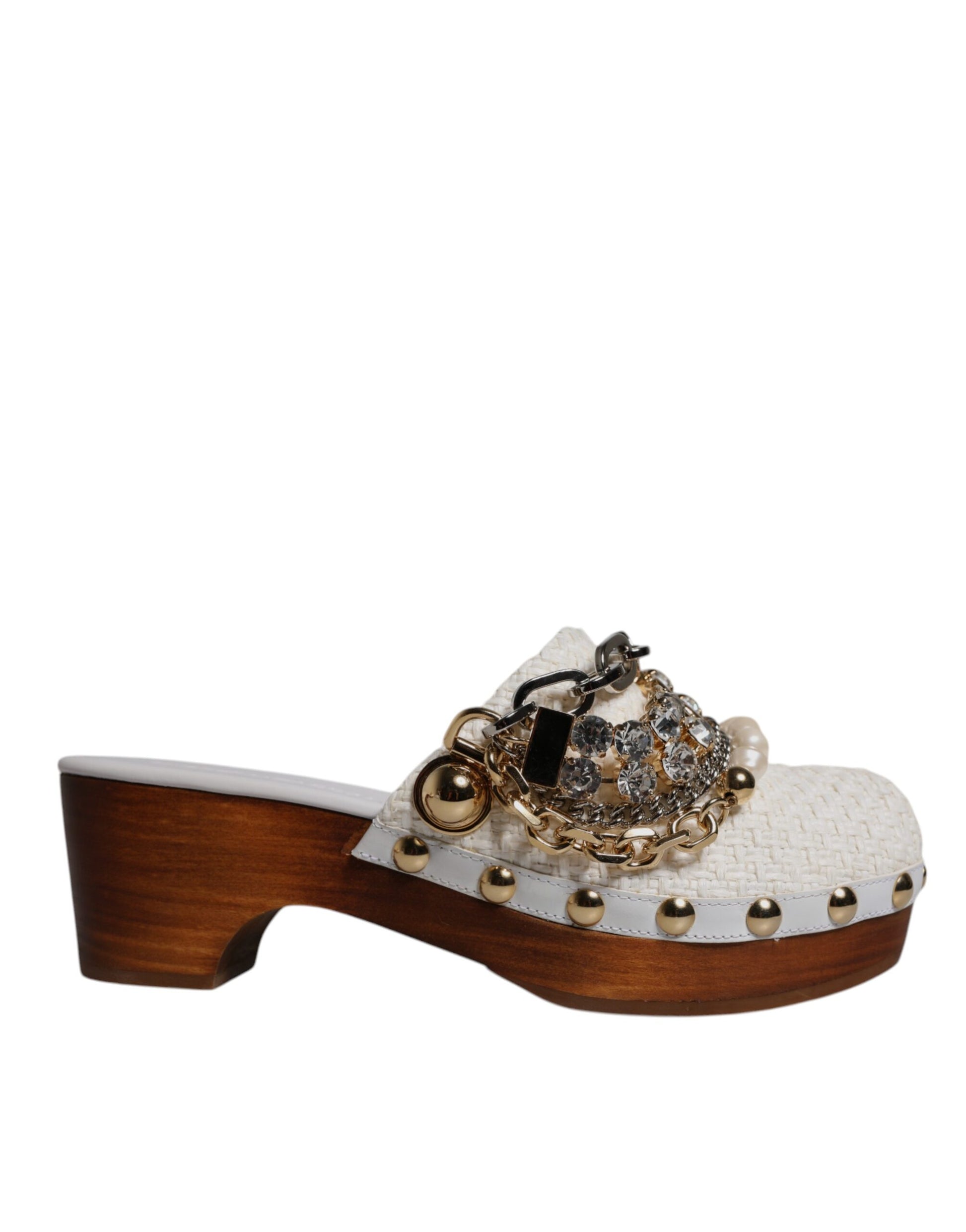 Dolce &amp; Gabbana Sabots en raphia blanc Sandales à chaîne ornées de bijoux Chaussures