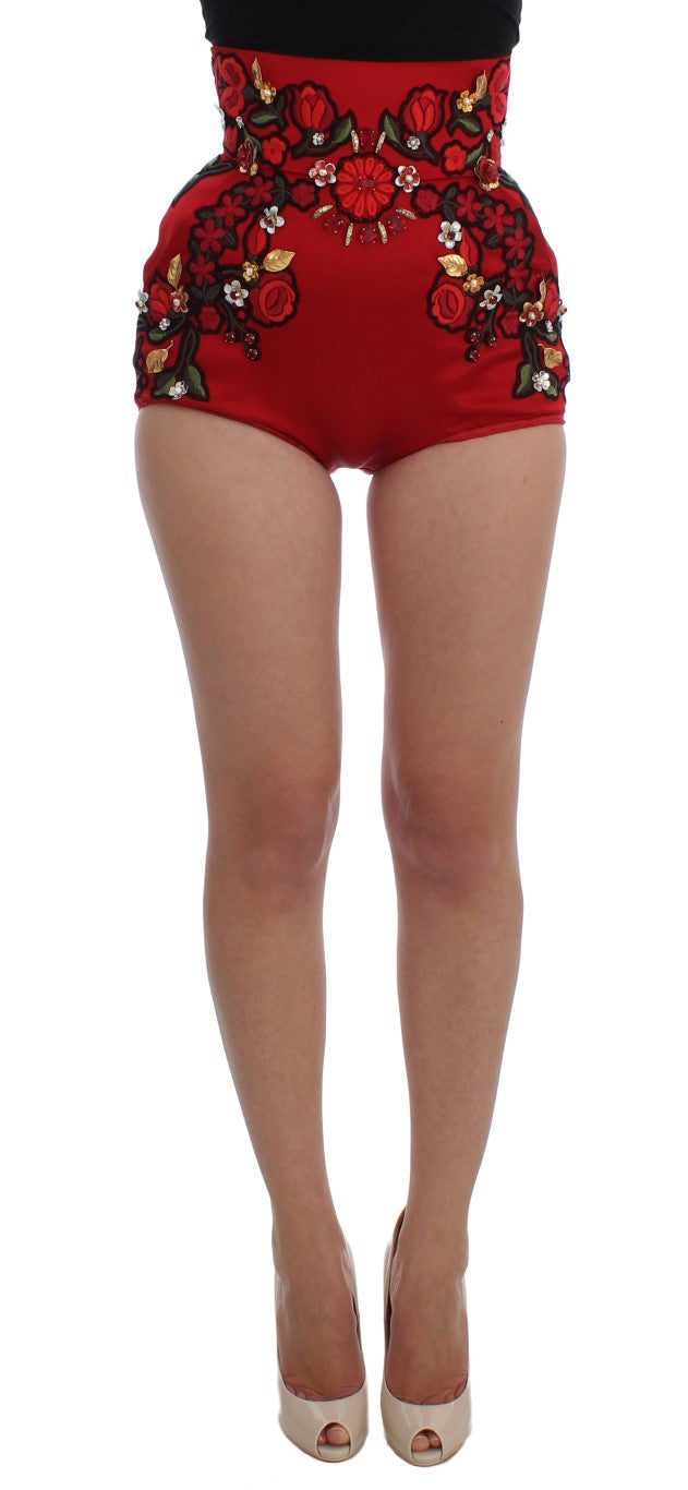 Short Dolce &amp; Gabbana en soie rouge avec cristaux roses 