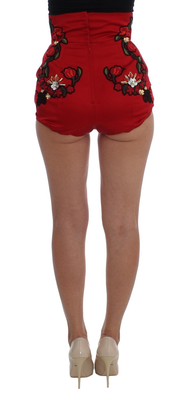 Short Dolce &amp; Gabbana en soie rouge avec cristaux roses 