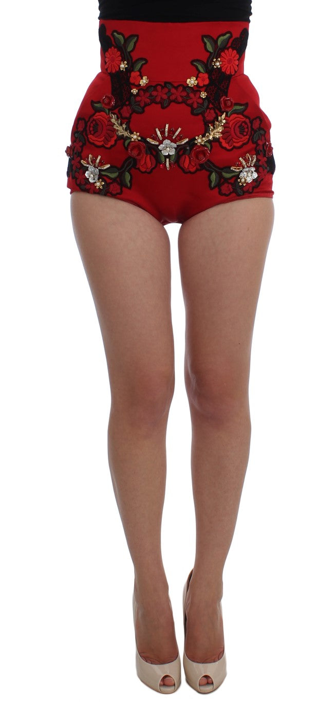 Short Dolce &amp; Gabbana en soie rouge avec cristaux roses 