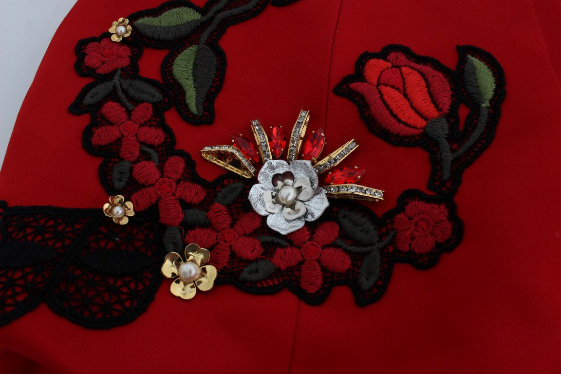 Short Dolce &amp; Gabbana en soie rouge avec cristaux roses 