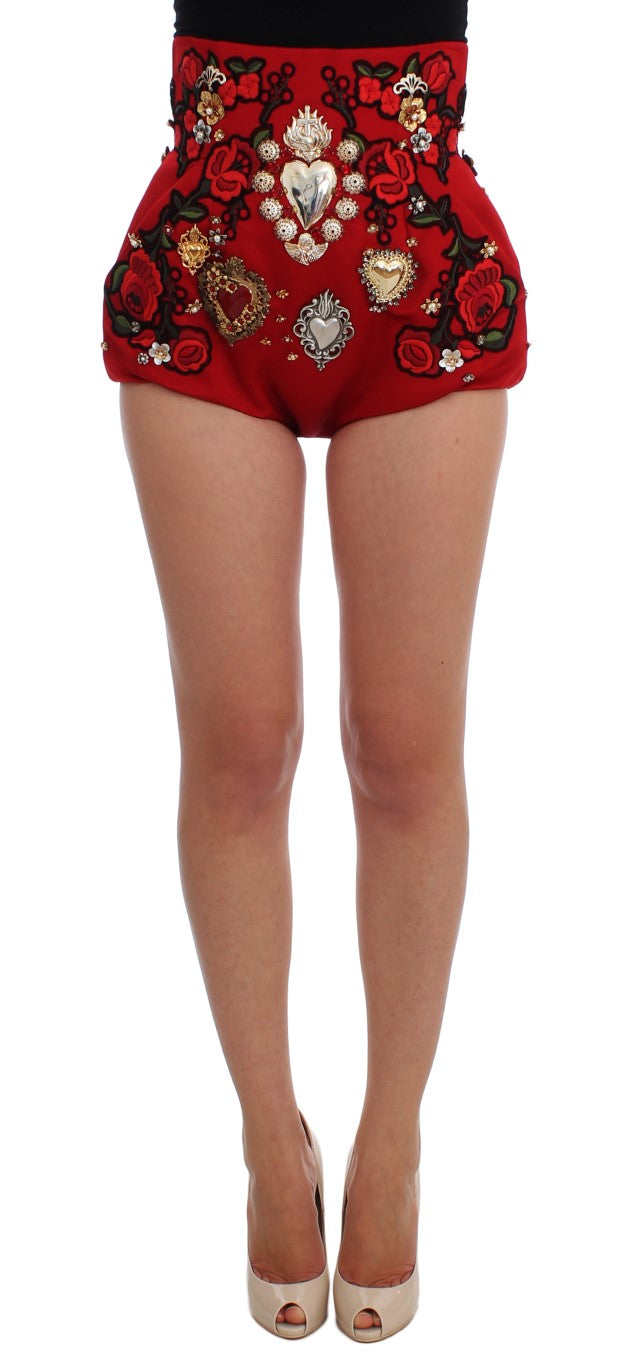 Short Dolce &amp; Gabbana en soie rouge avec cristaux roses