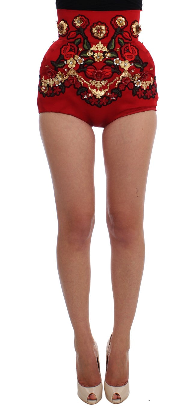 Short Dolce &amp; Gabbana en soie rouge avec cristaux roses 