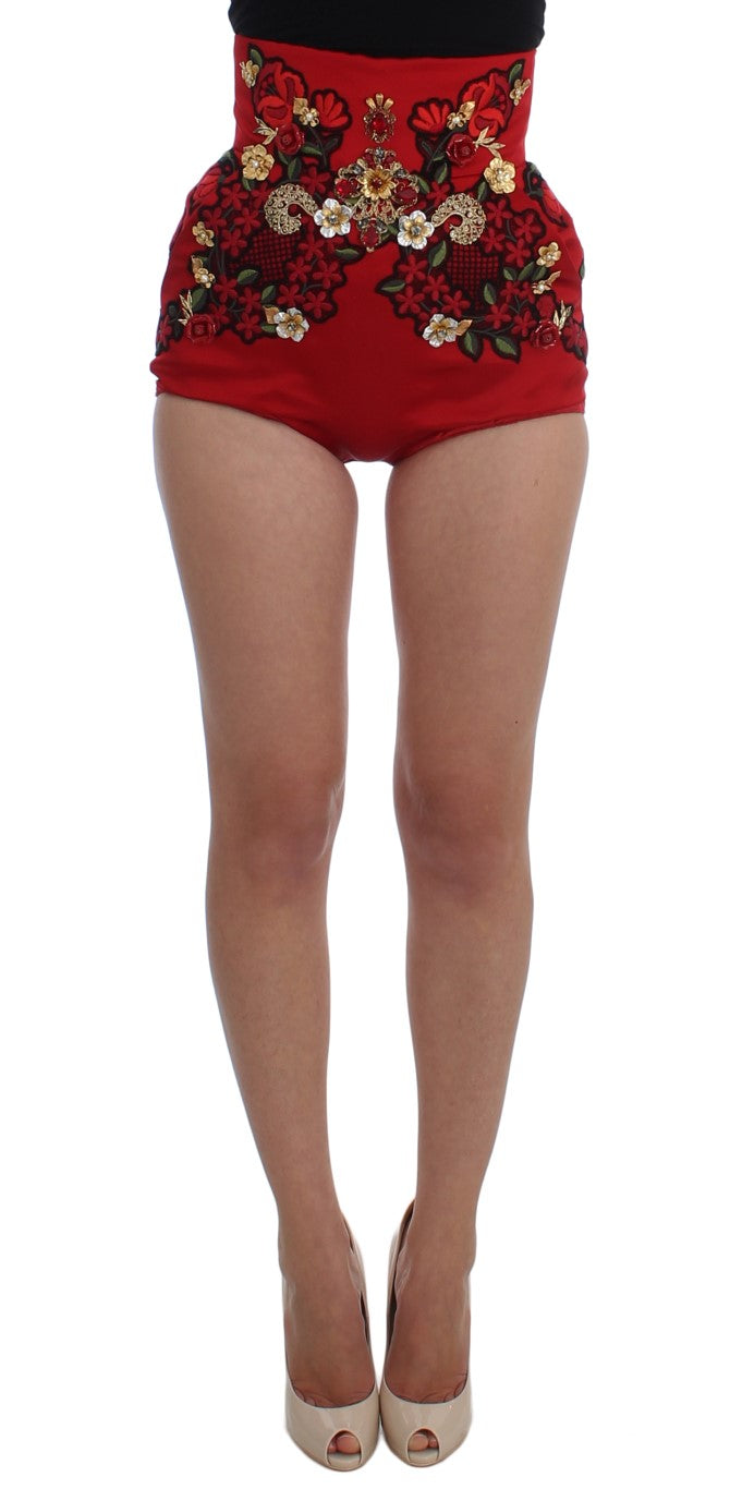 Short Dolce &amp; Gabbana en soie rouge avec cristaux roses 