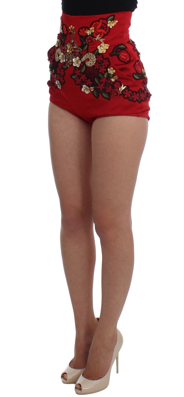 Short Dolce &amp; Gabbana en soie rouge avec cristaux roses 