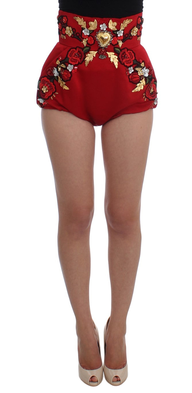 Short Dolce &amp; Gabbana en soie rouge avec cristaux roses 