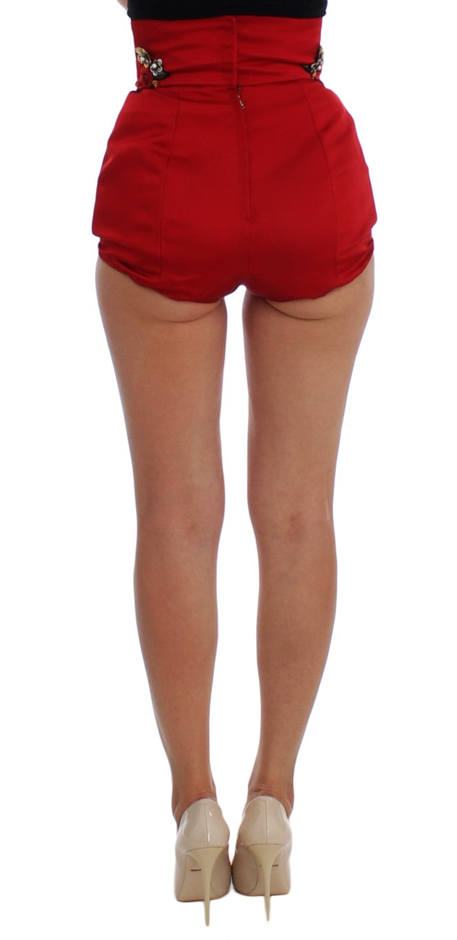 Short Dolce &amp; Gabbana en soie rouge avec cristaux roses 