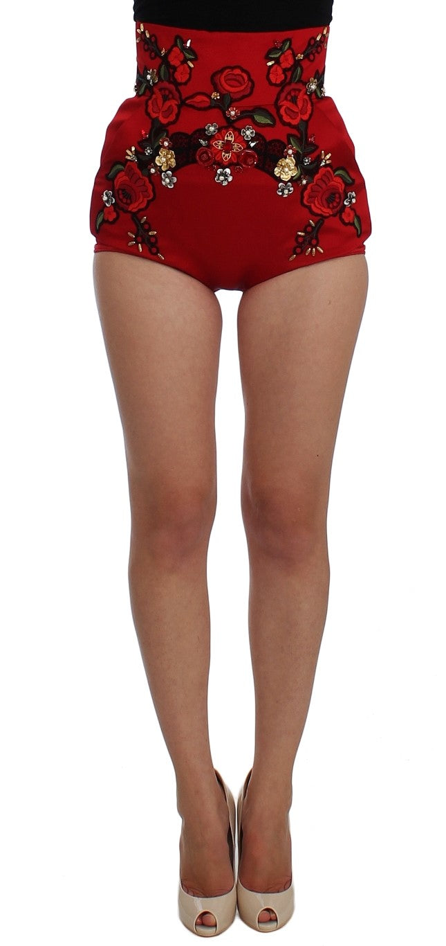 Short Dolce &amp; Gabbana en soie rouge avec cristaux roses 