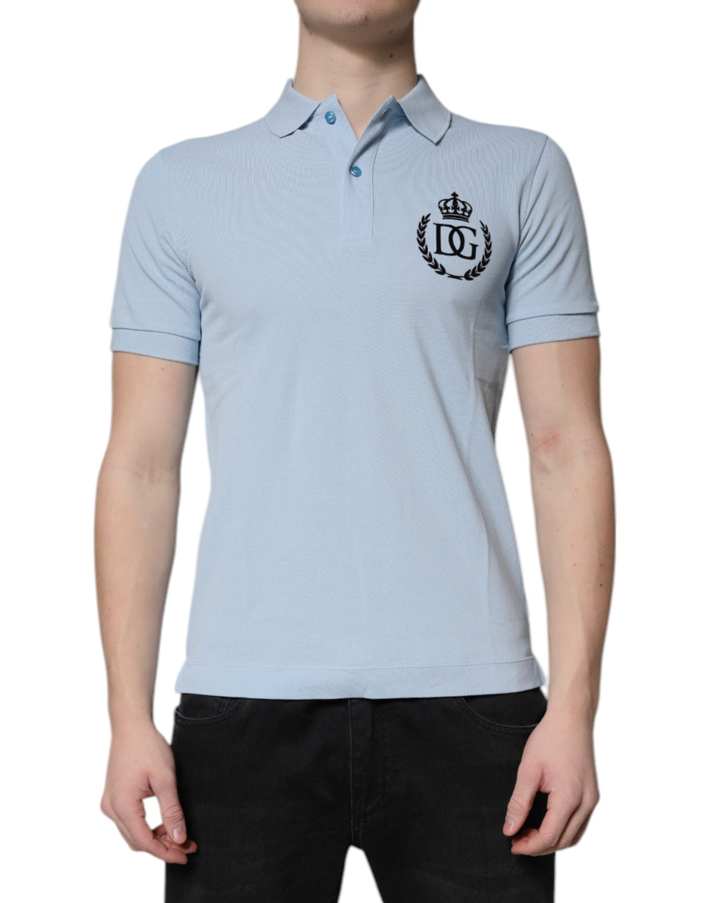 Polo à col couronne en coton bleu ciel Dolce &amp; Gabbana