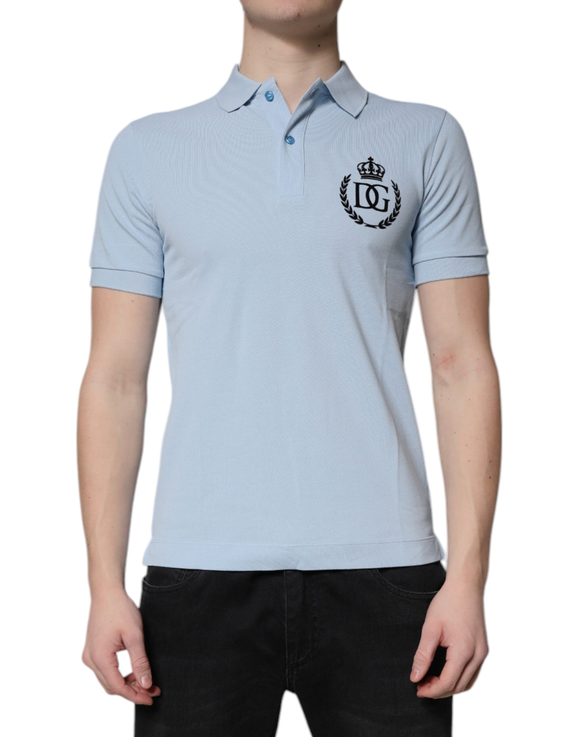 Polo à col couronne en coton bleu ciel Dolce &amp; Gabbana