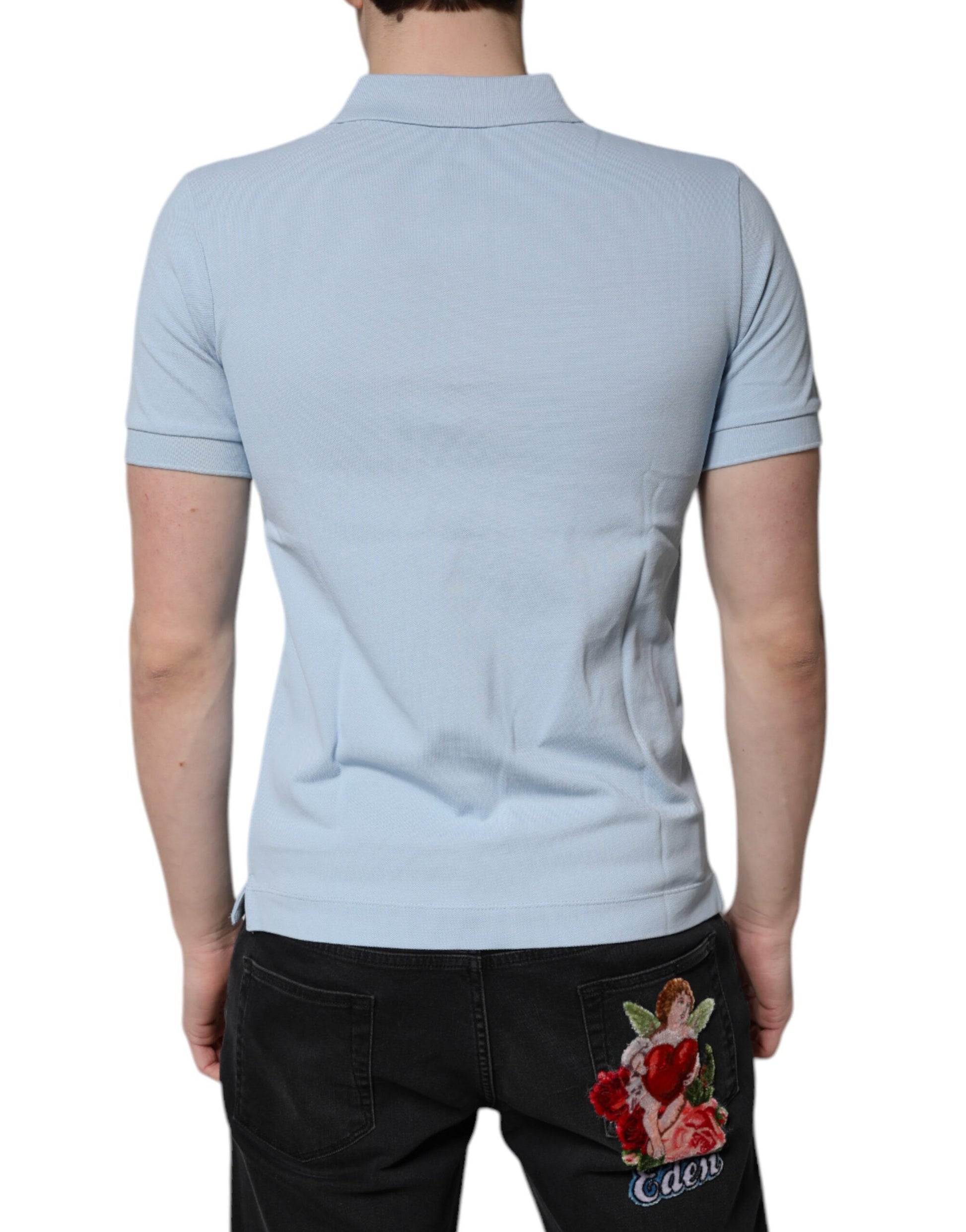 Polo à col couronne en coton bleu ciel Dolce &amp; Gabbana