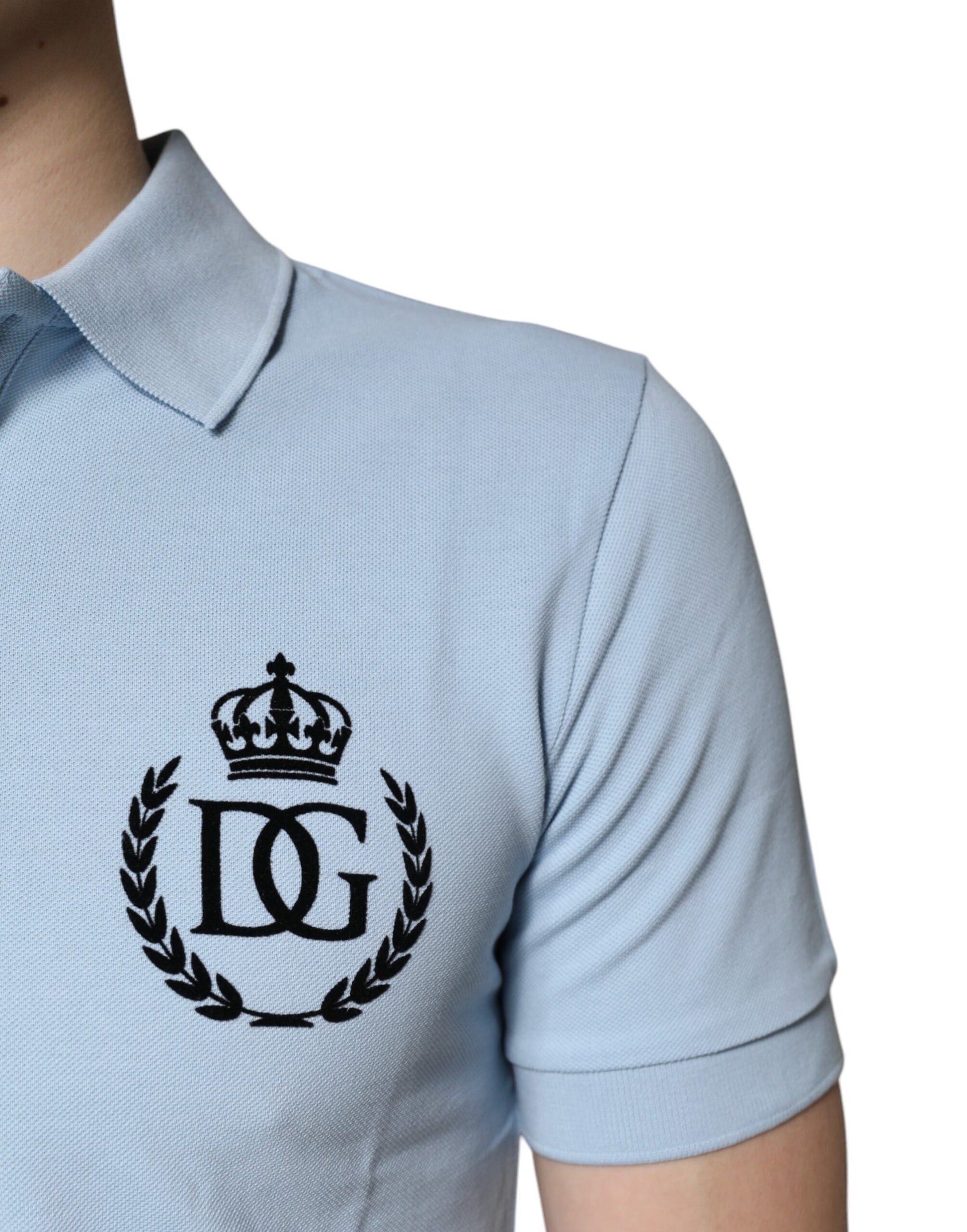 Polo à col couronne en coton bleu ciel Dolce &amp; Gabbana