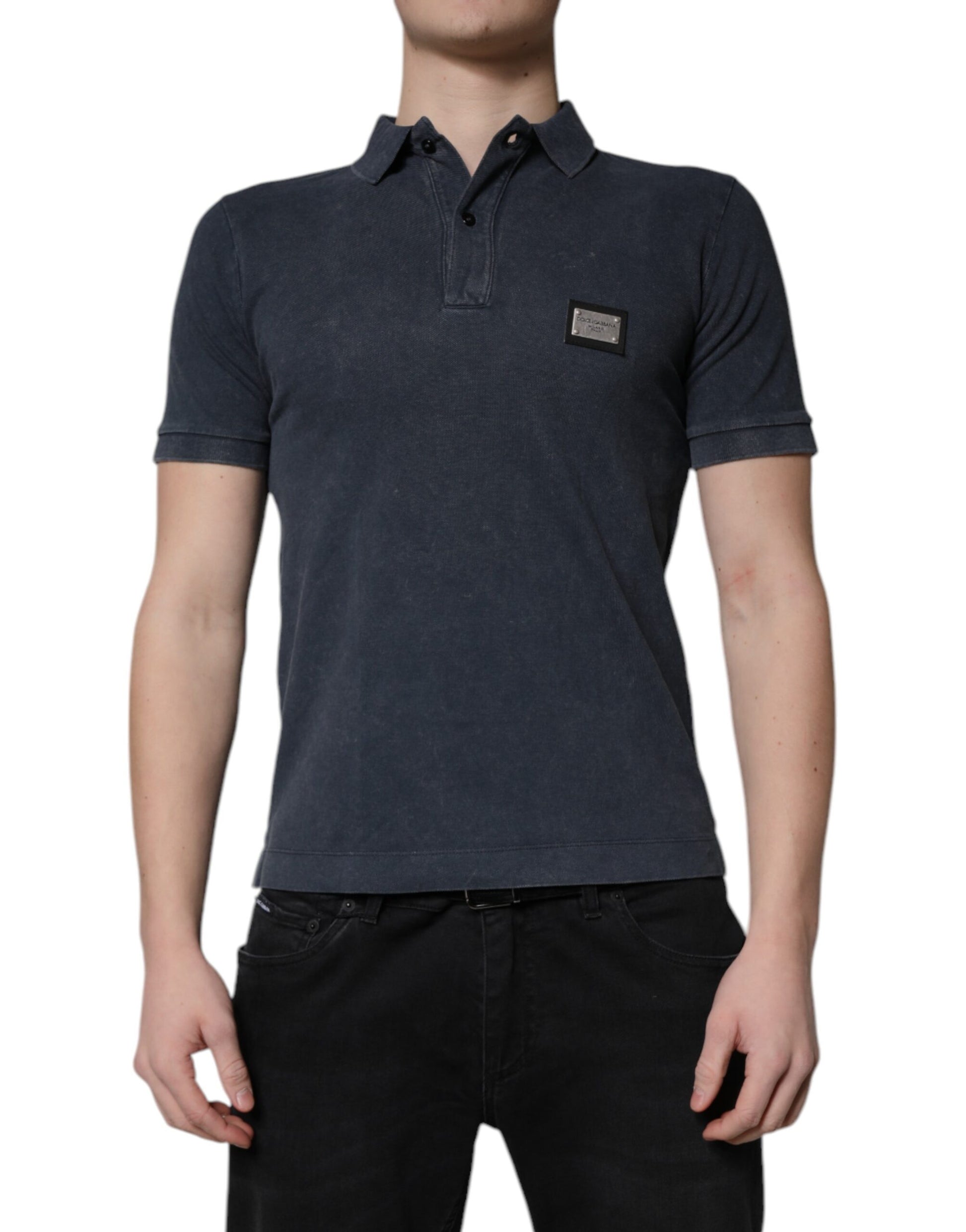 Polo Dolce &amp; Gabbana en coton bleu foncé avec plaque logo pour homme