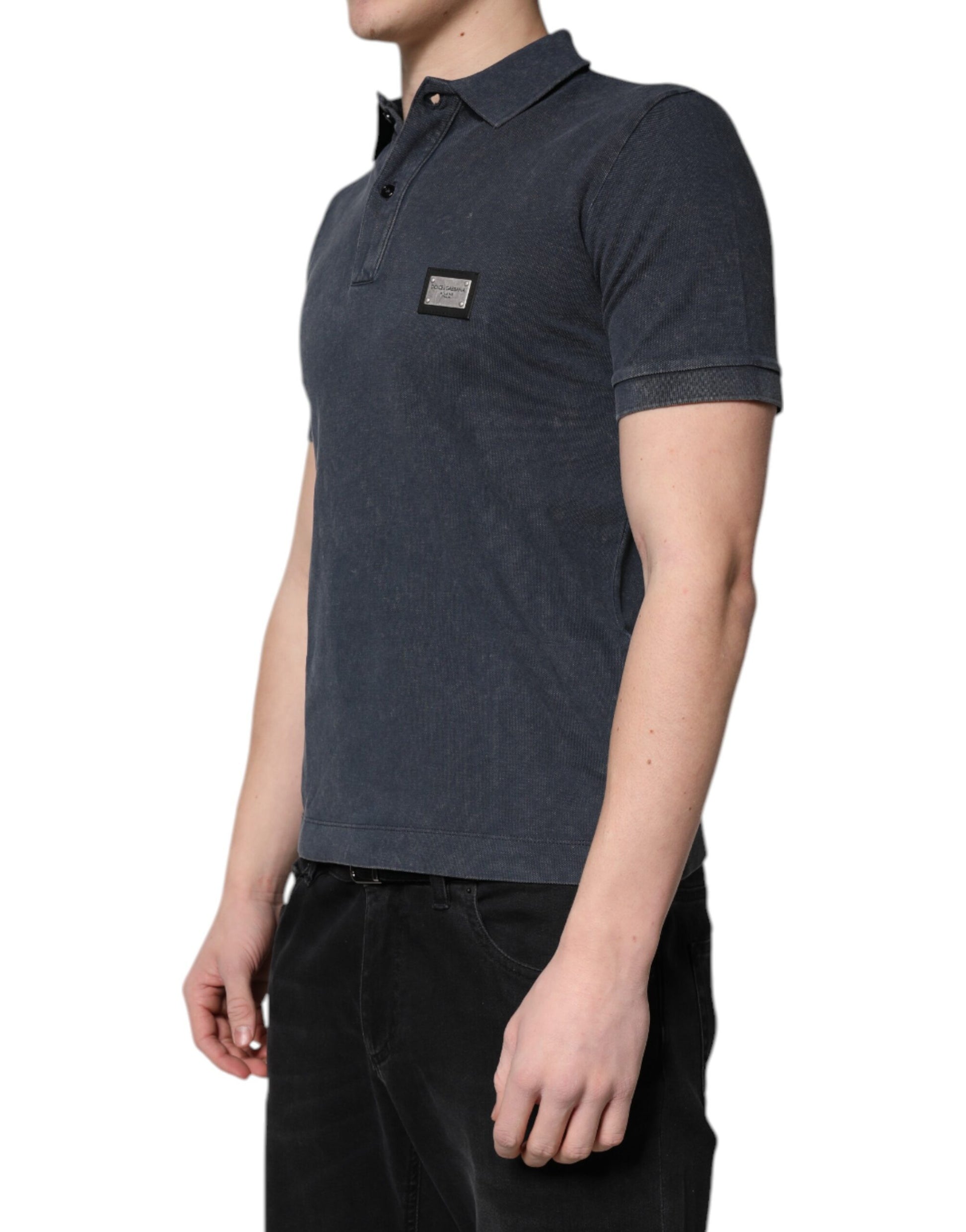 Polo Dolce &amp; Gabbana en coton bleu foncé avec plaque logo pour homme