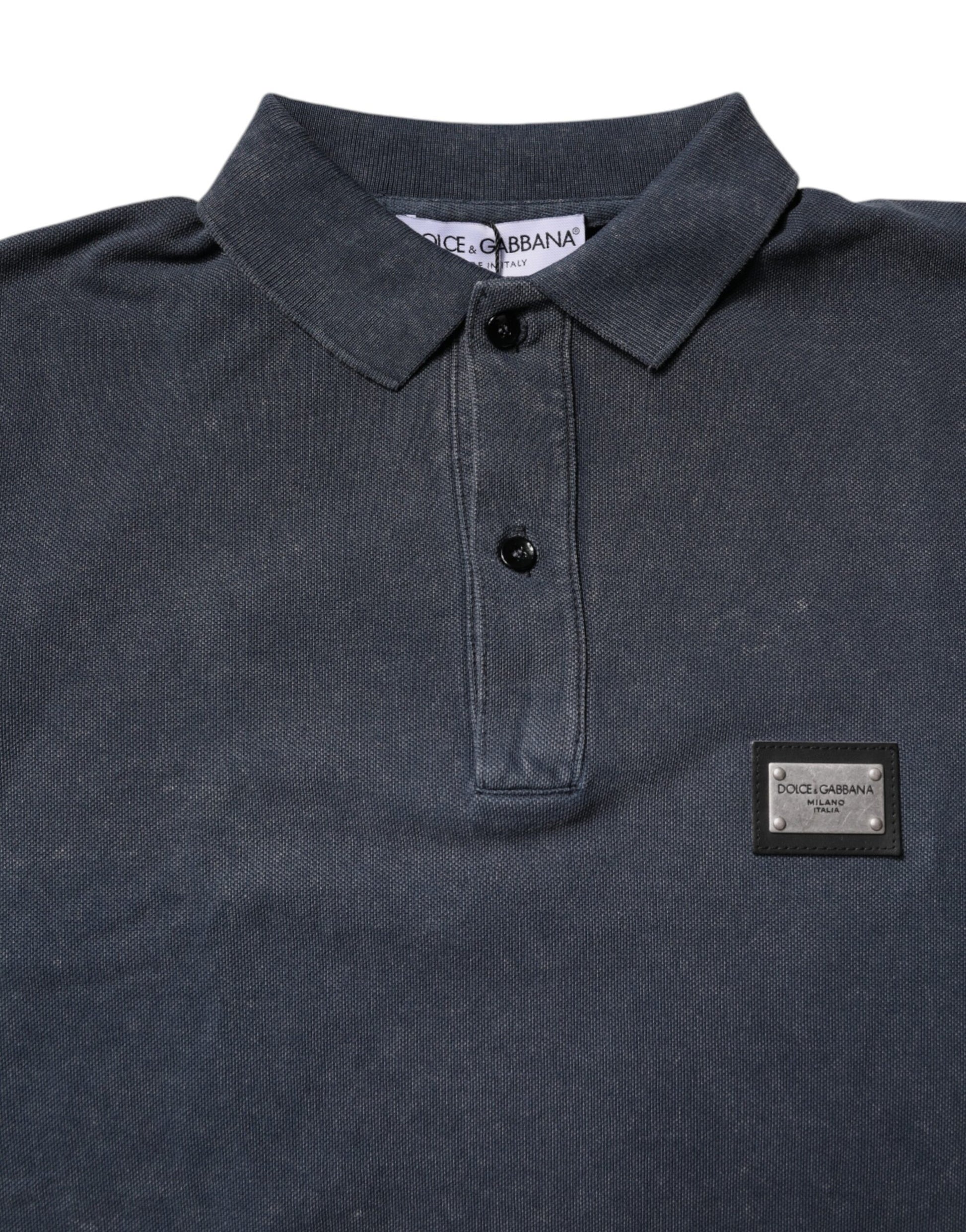 Polo Dolce &amp; Gabbana en coton bleu foncé avec plaque logo pour homme