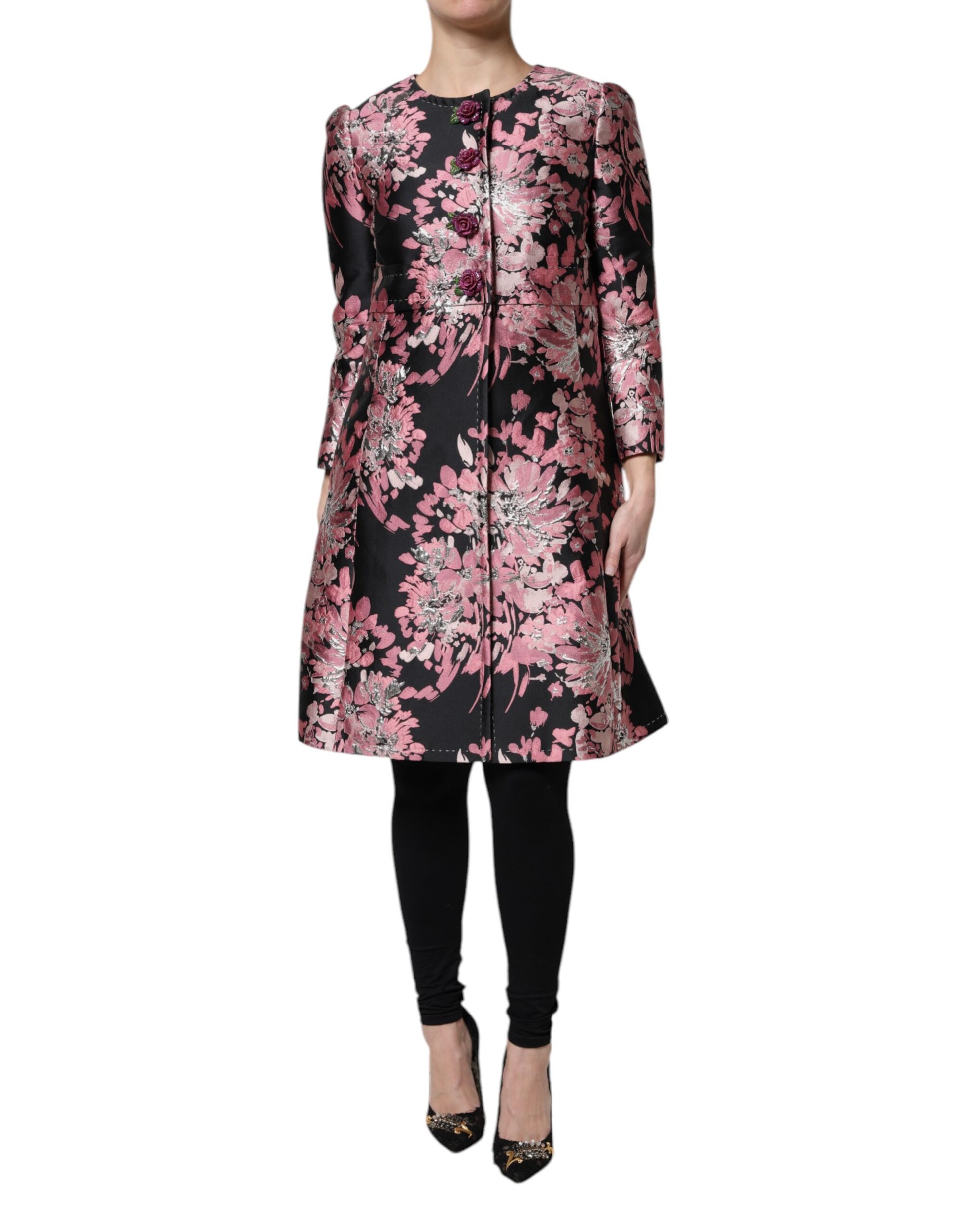 Trench-coat en brocart floral rose et noir Dolce &amp; Gabbana