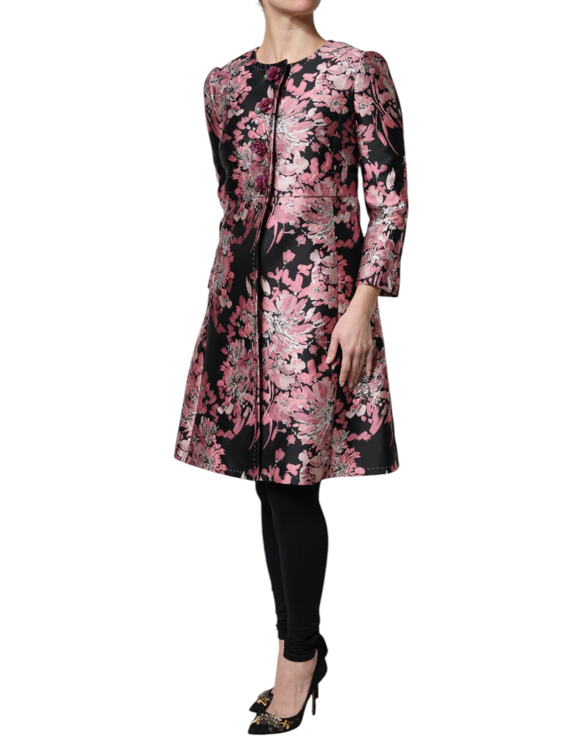 Trench-coat en brocart floral rose et noir Dolce &amp; Gabbana