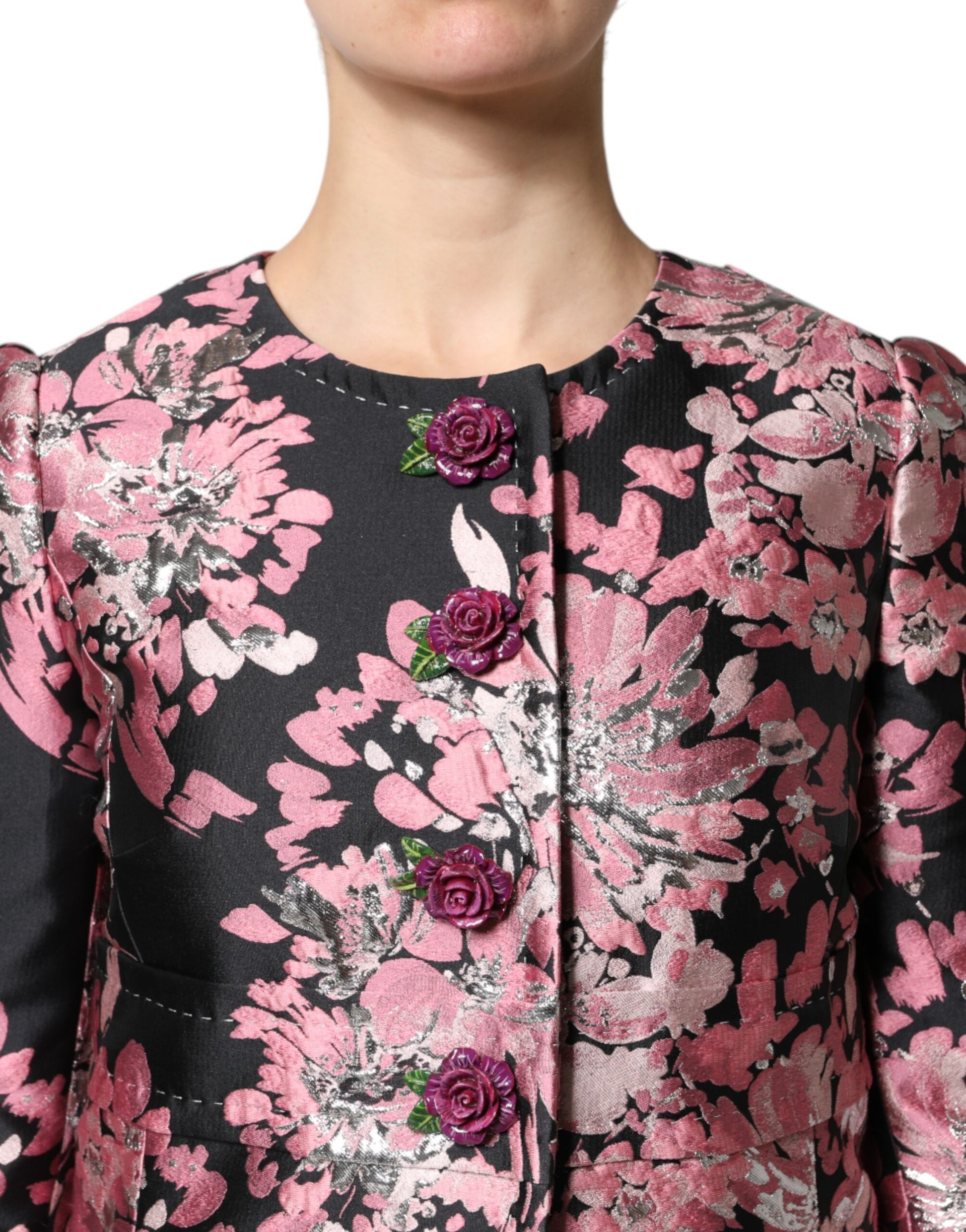 Trench-coat en brocart floral rose et noir Dolce &amp; Gabbana