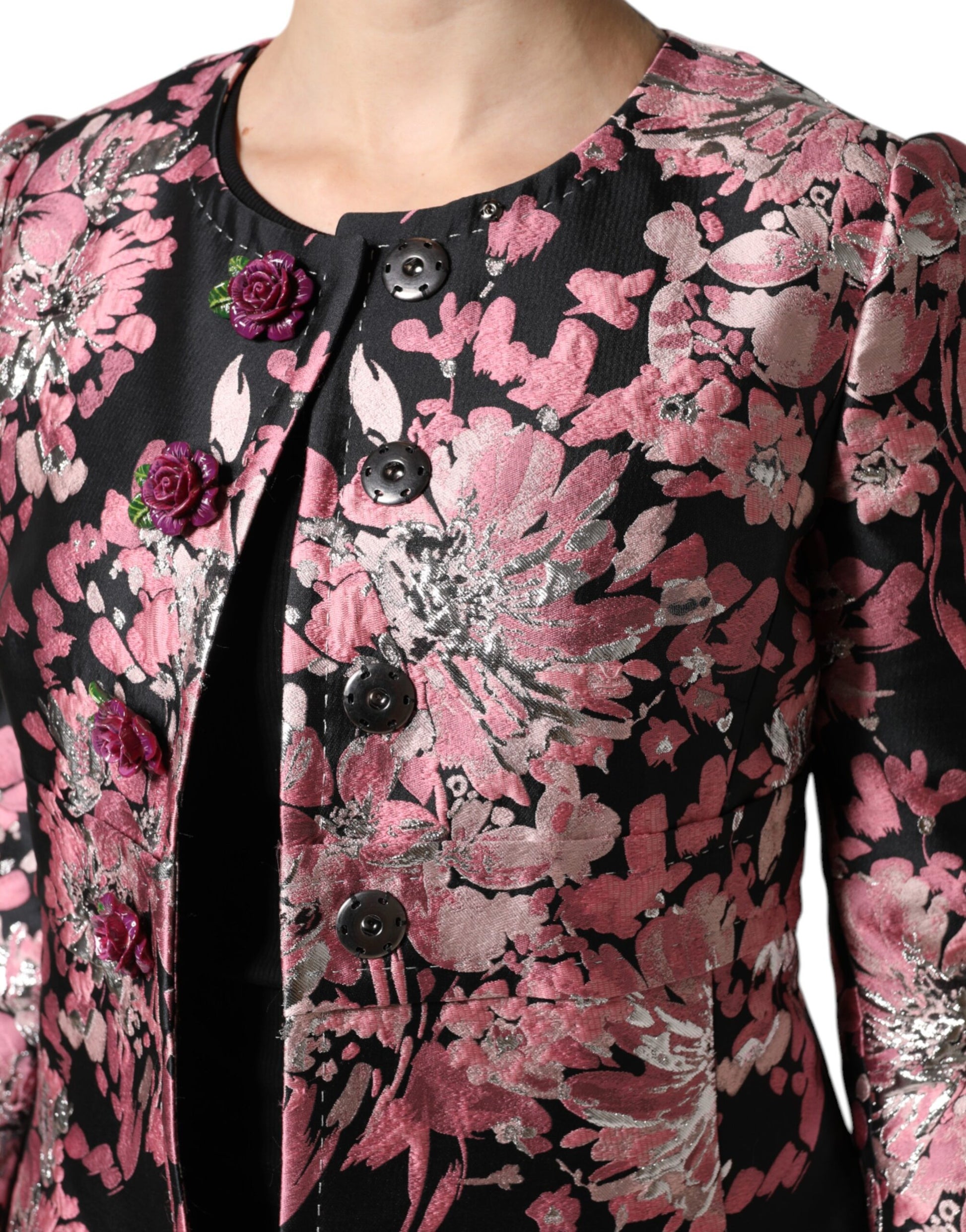 Trench-coat en brocart floral rose et noir Dolce &amp; Gabbana