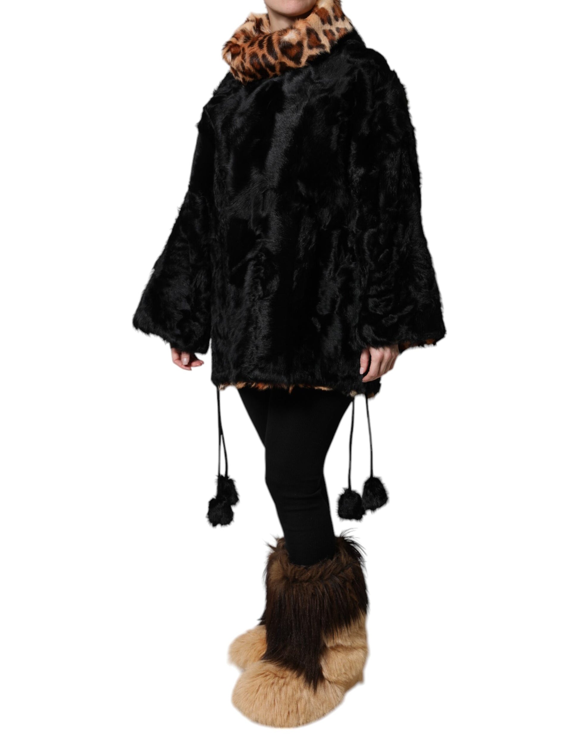 Dolce &amp; Gabbana Manteau court en fourrure d'agneau noire pour femme