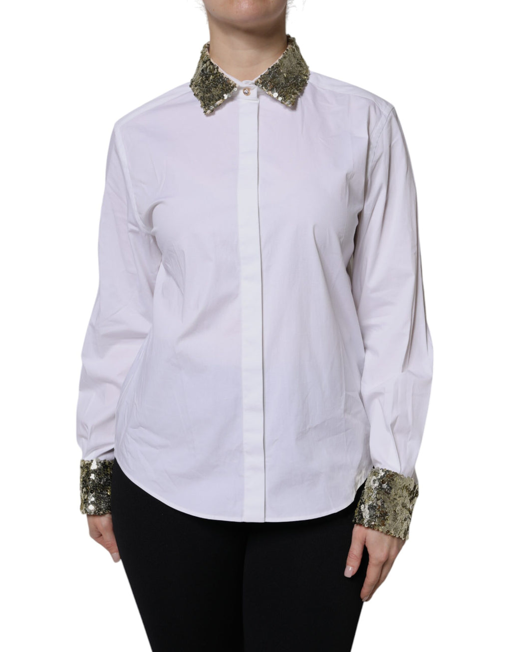Dolce &amp; Gabbana Haut chemise à manches longues en coton blanc à paillettes