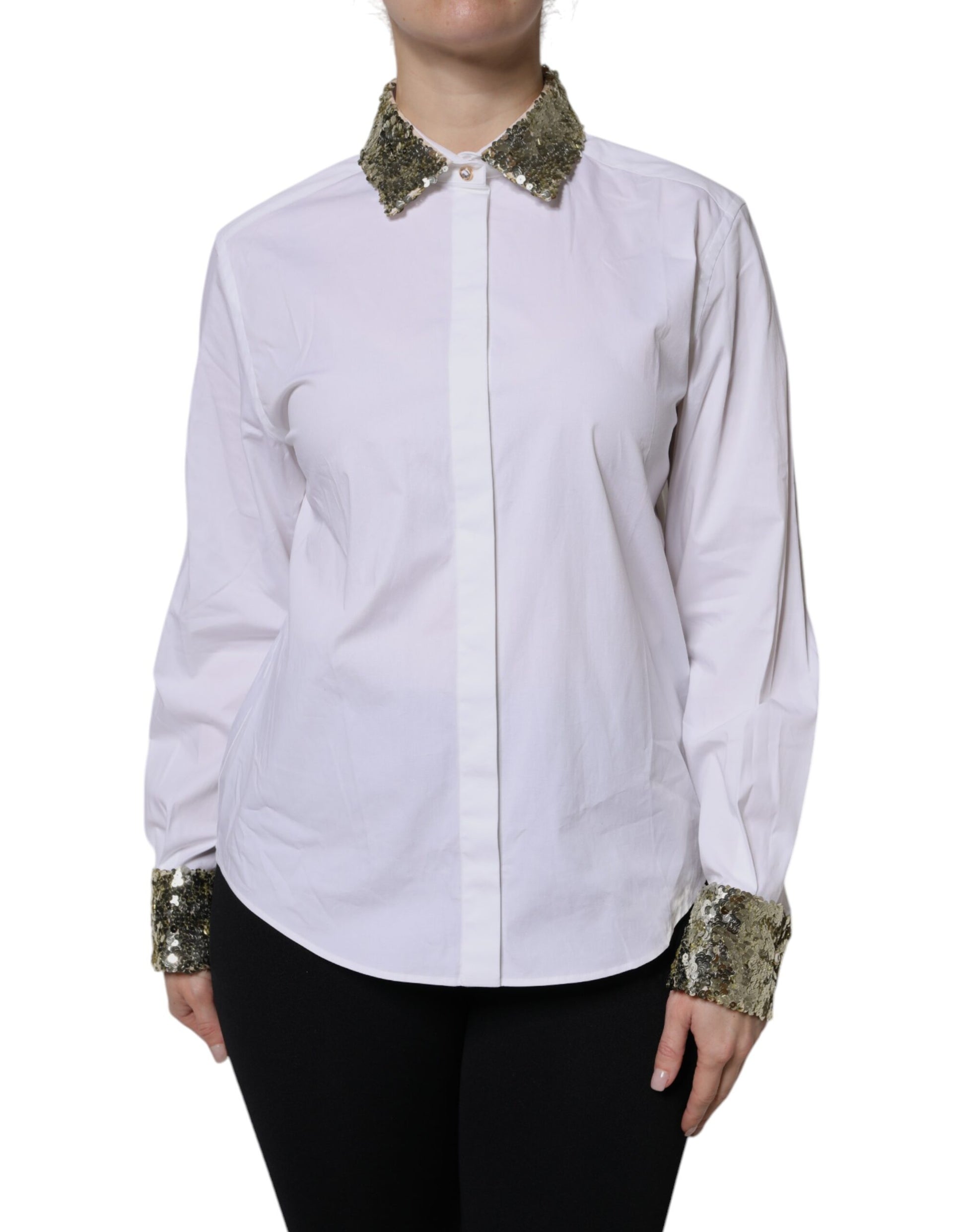Dolce &amp; Gabbana Haut chemise à manches longues en coton blanc à paillettes