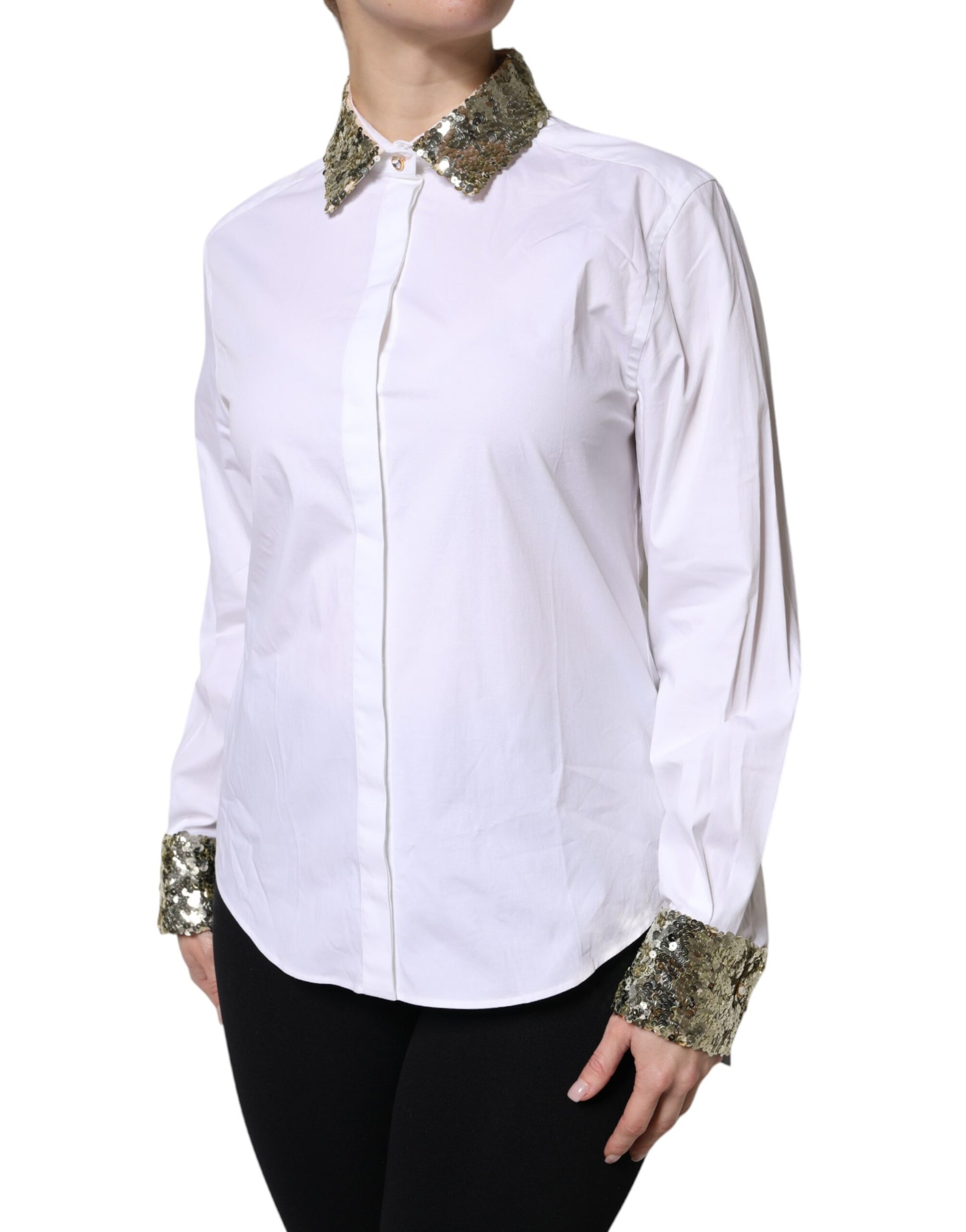 Dolce &amp; Gabbana Haut chemise à manches longues en coton blanc à paillettes